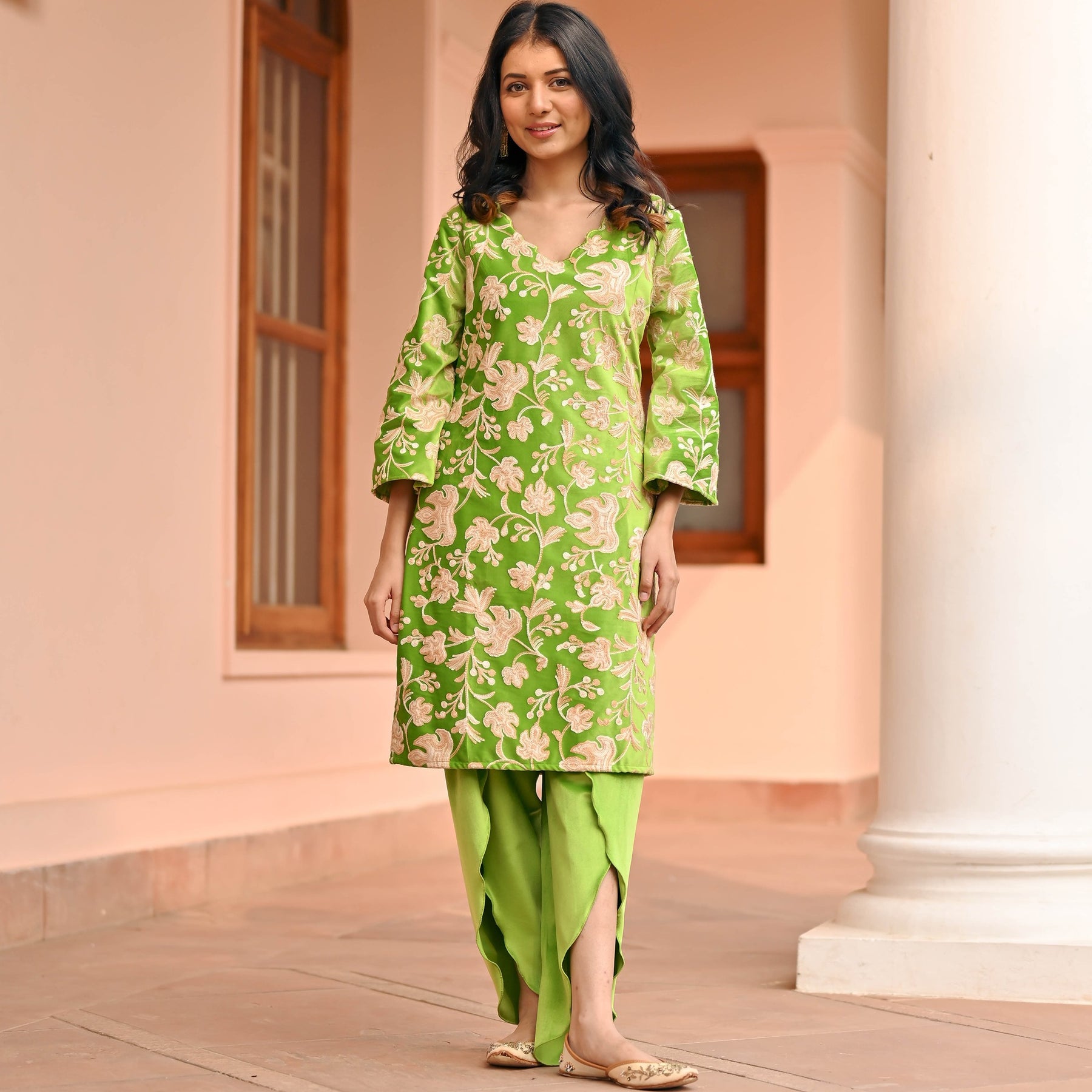 Green Velvet Kurta Dhoti Set