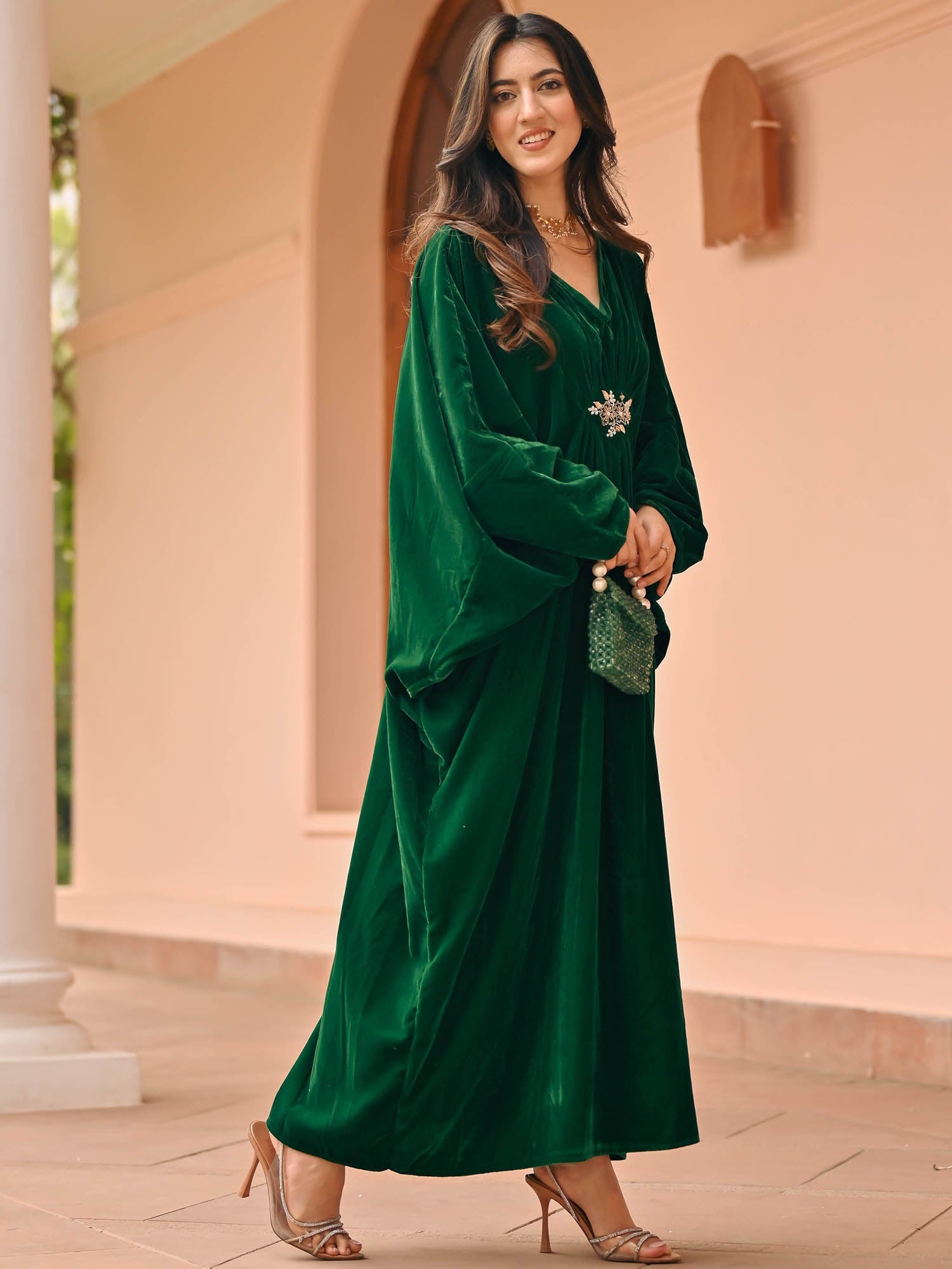 Bottle Green Velvet Kaftan Set