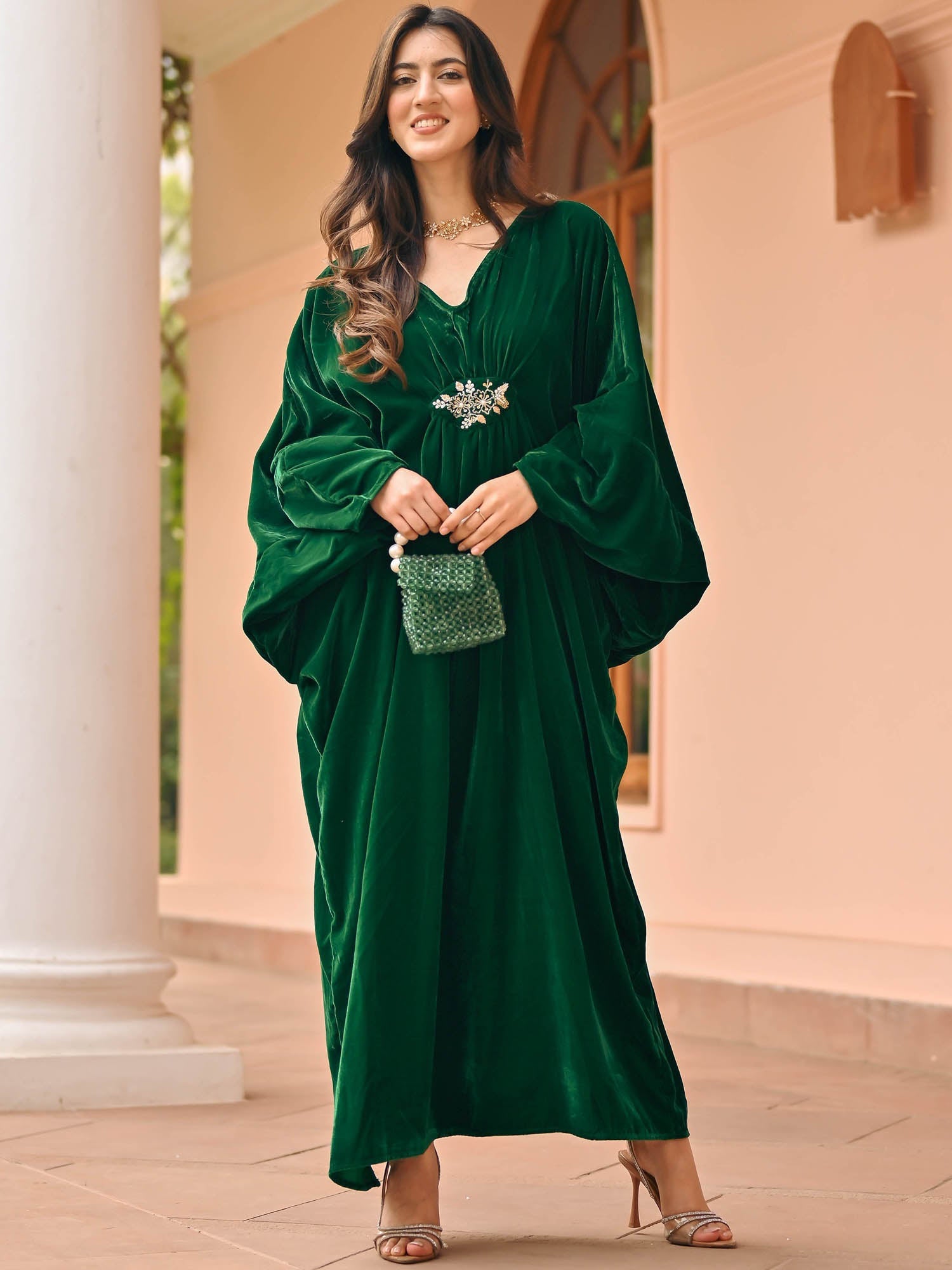 Bottle Green Velvet Kaftan Set