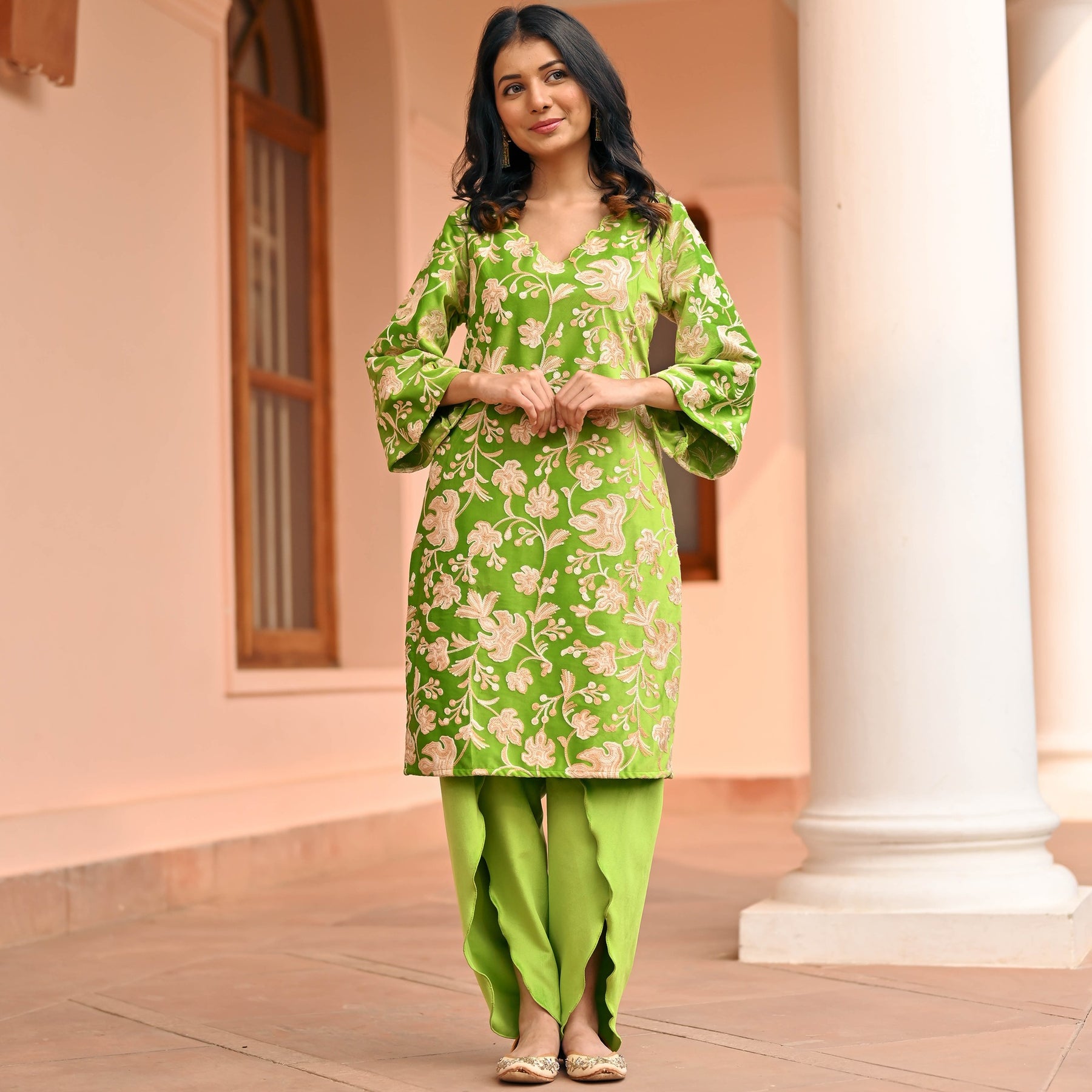 Green Velvet Kurta Dhoti Set