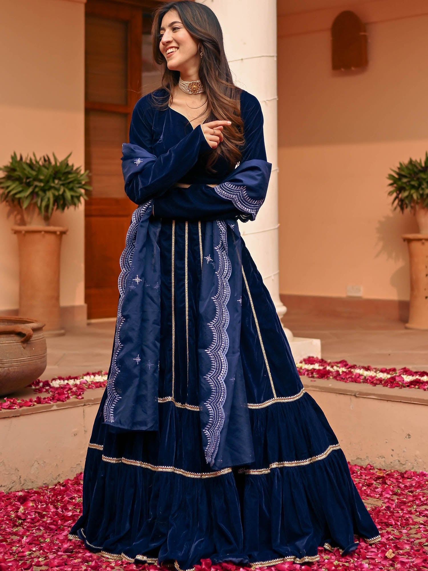 Blue Velvet Lace Lehenga Set