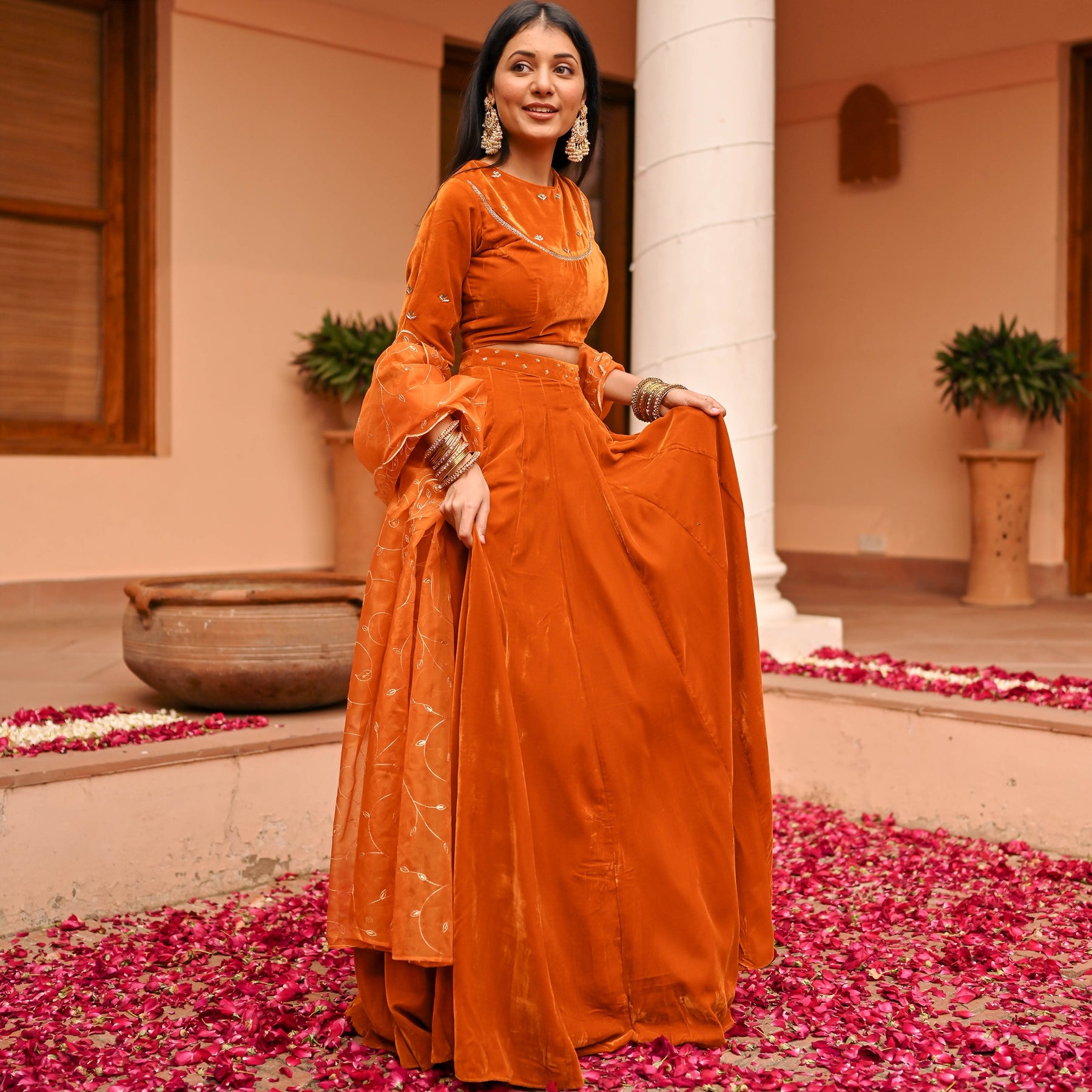 Mustard Velvet Lehenga Set