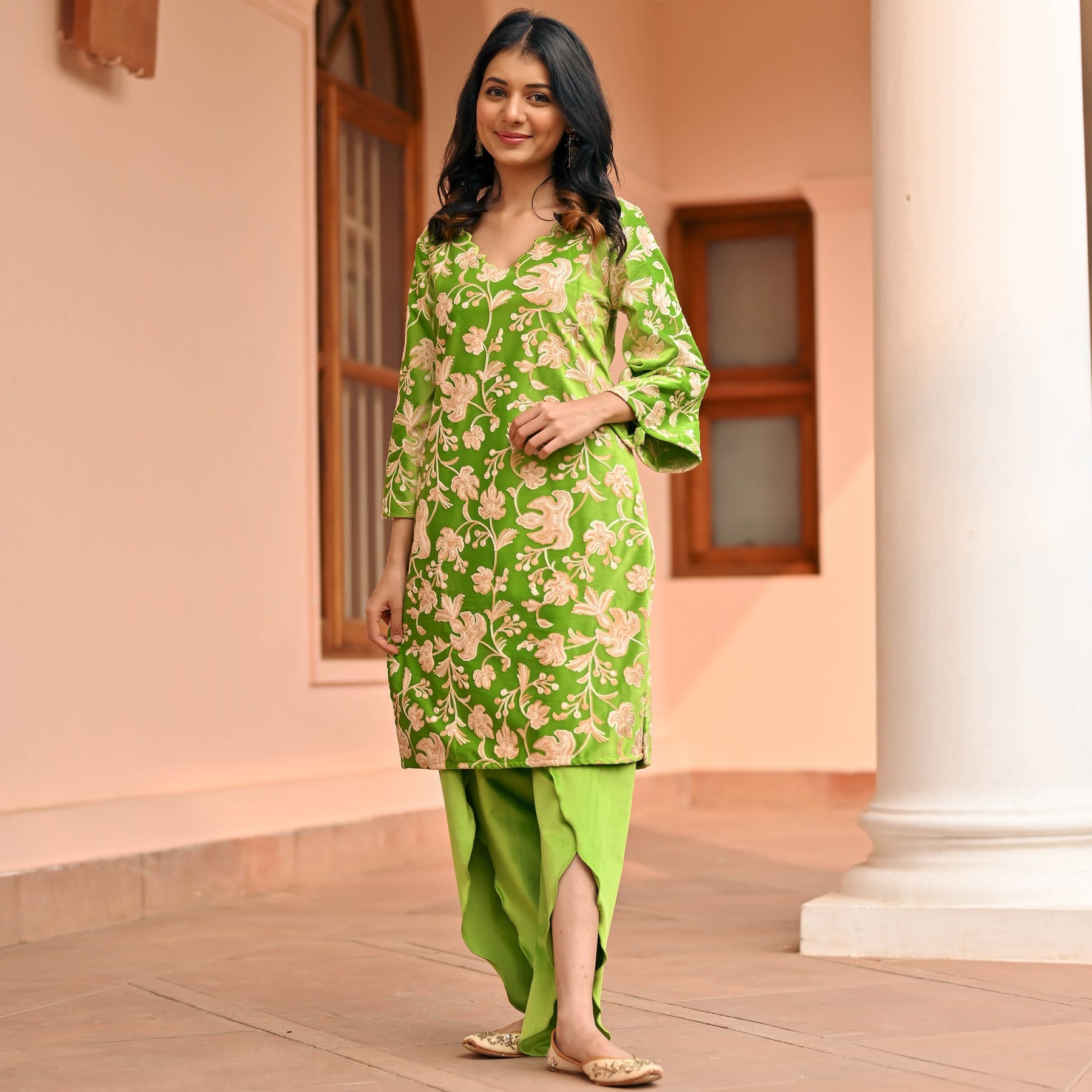 Green Velvet Kurta Dhoti Set