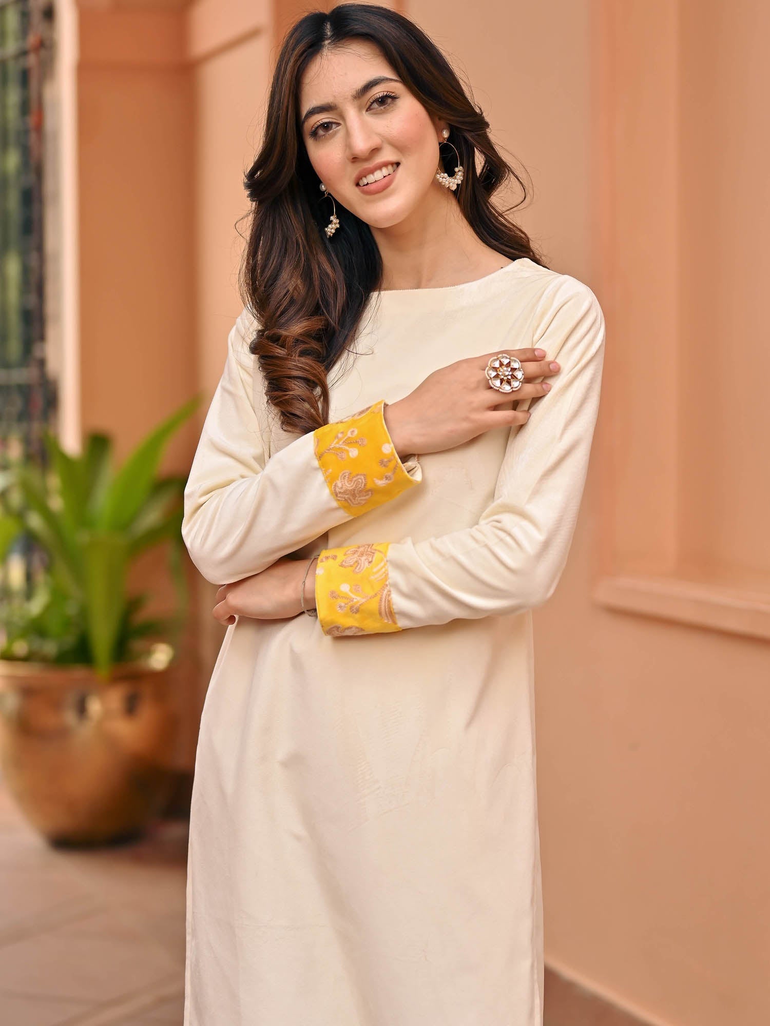 White Yellow Velvet Kurta Set