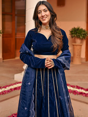 Blue Velvet Lace Lehenga Set