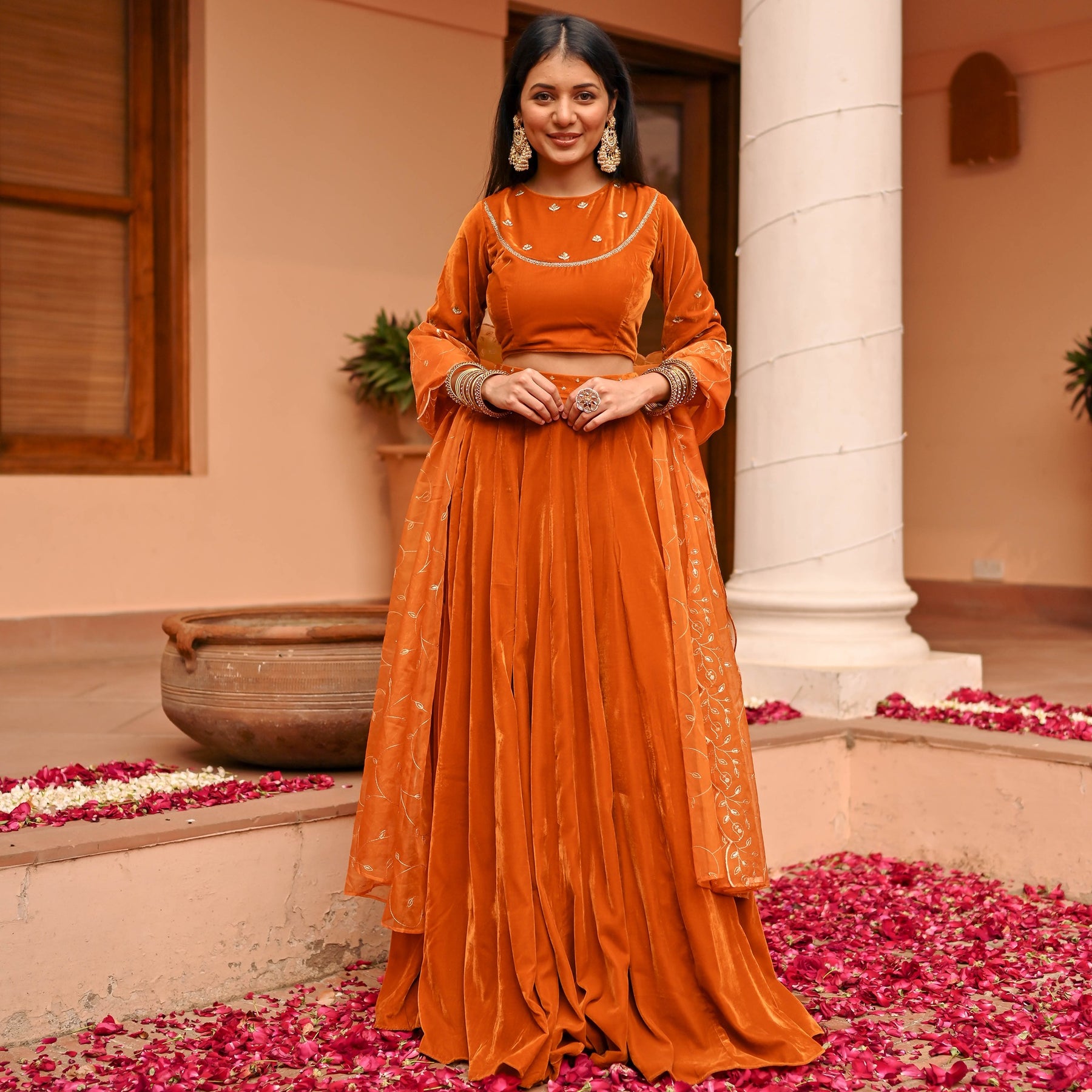 Mustard Velvet Lehenga Set