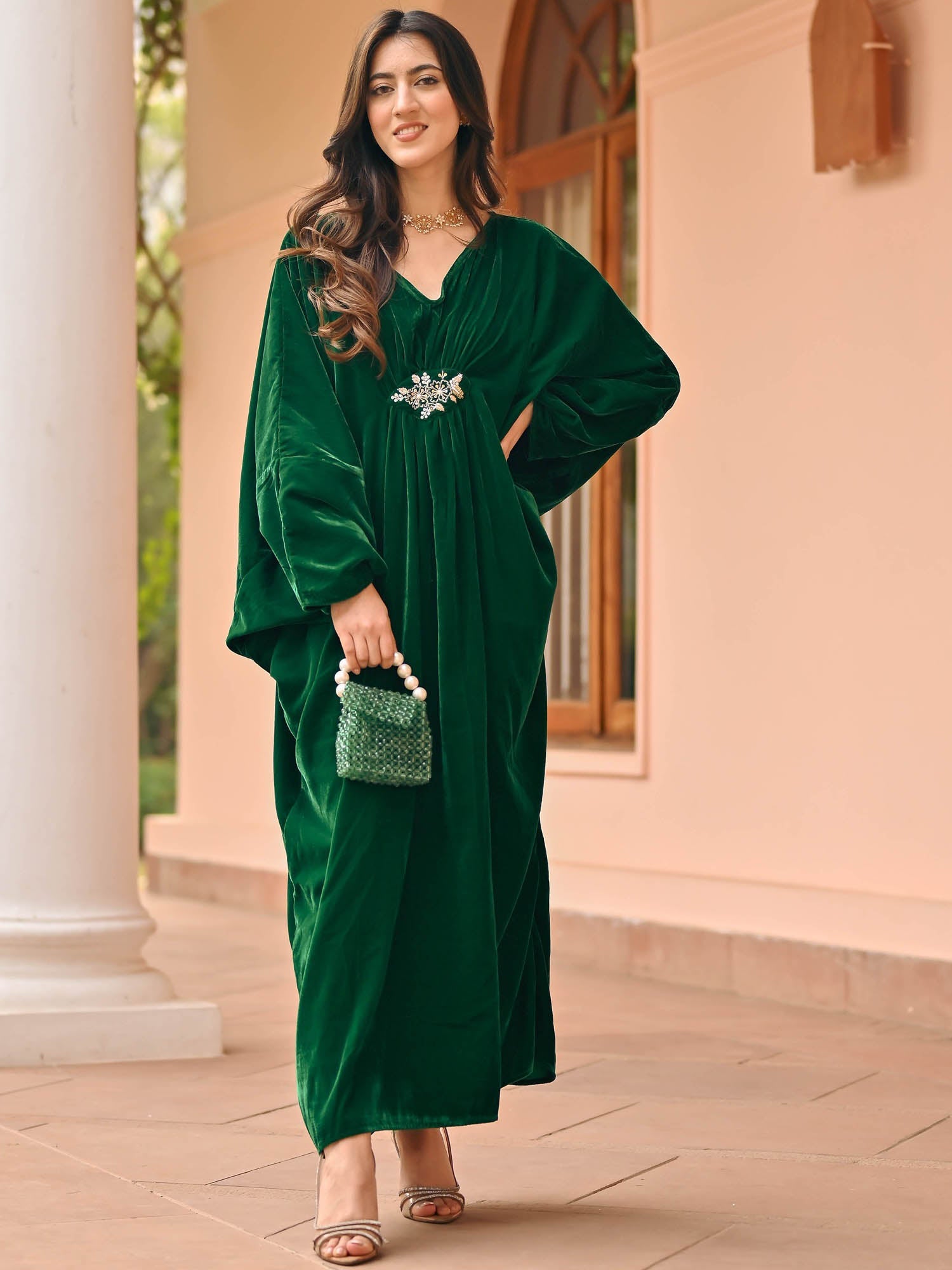 Bottle Green Velvet Kaftan Set