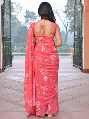 Peach Georgette Saree With Stitched Blouse