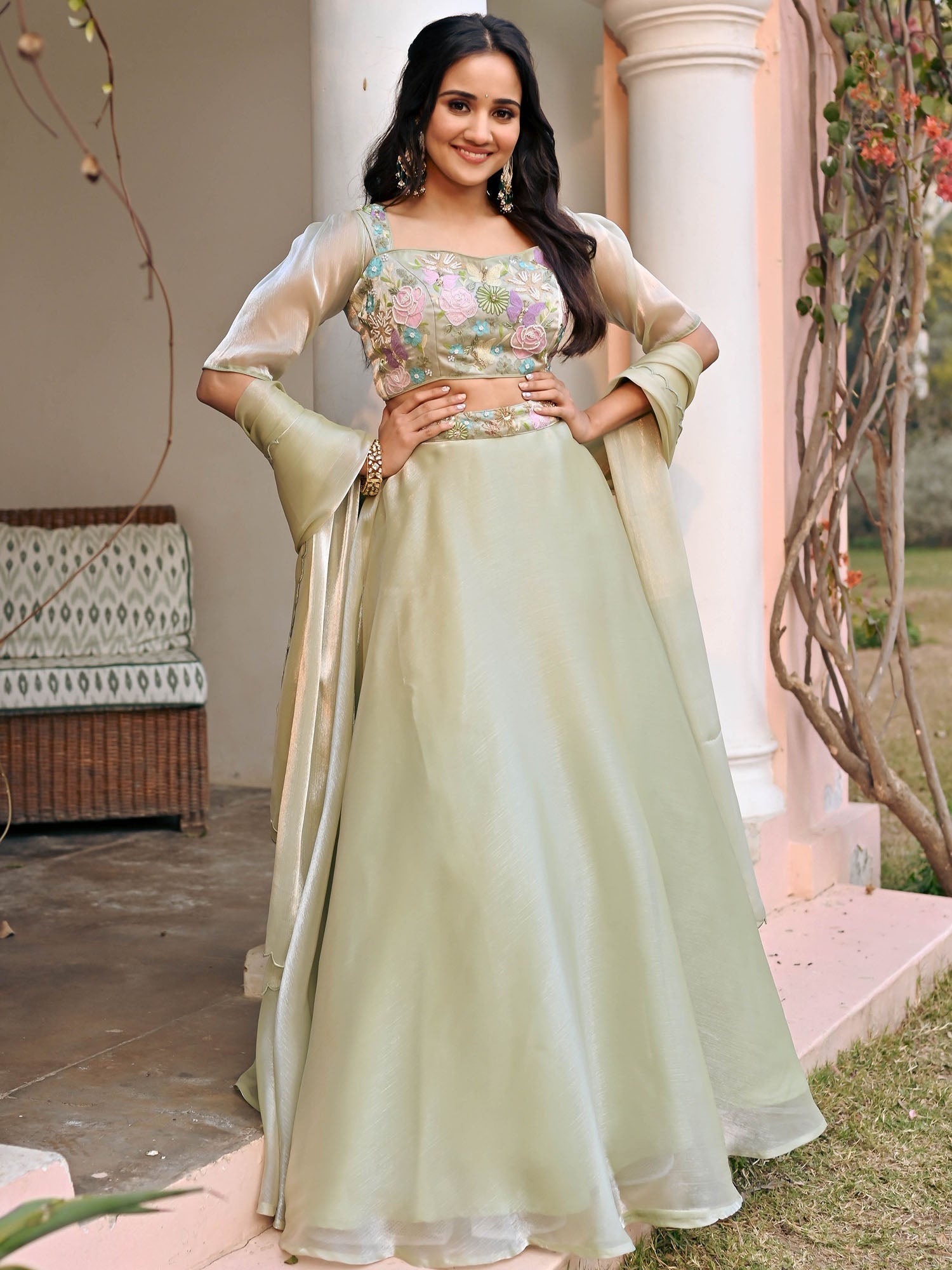 Green Embroidered Lehenga Set