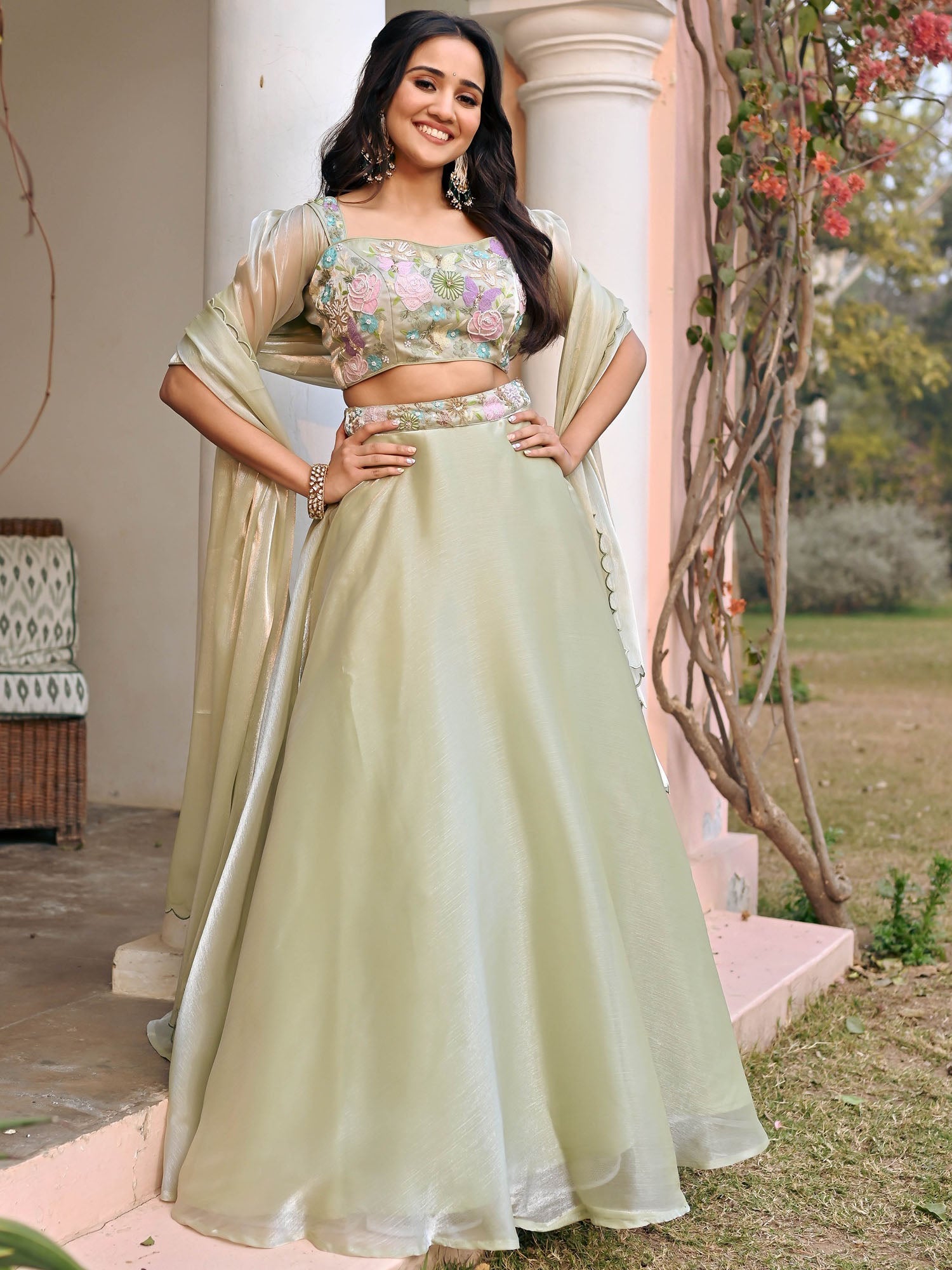 Green Embroidered Lehenga Set