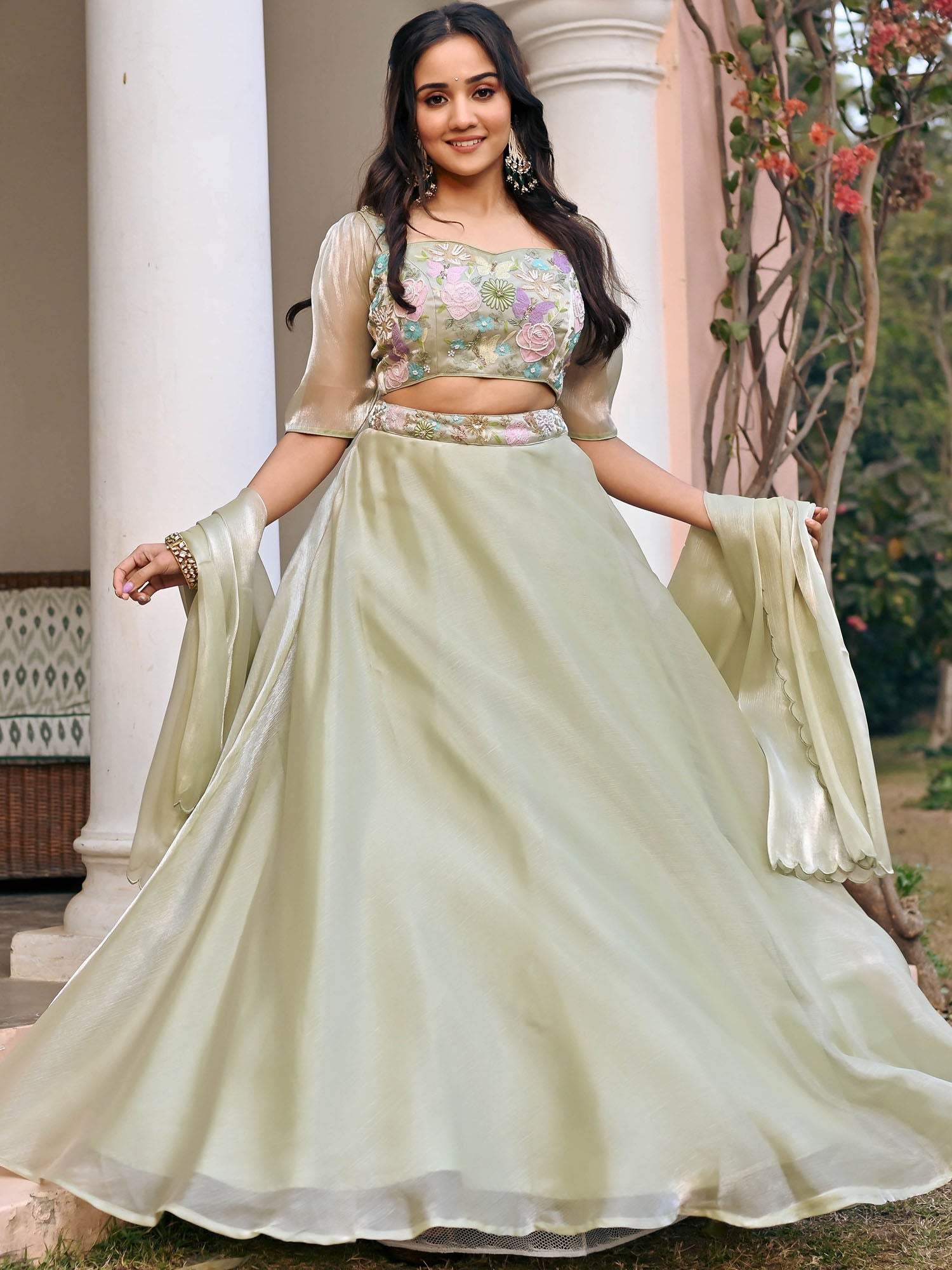 Green Embroidered Lehenga Set