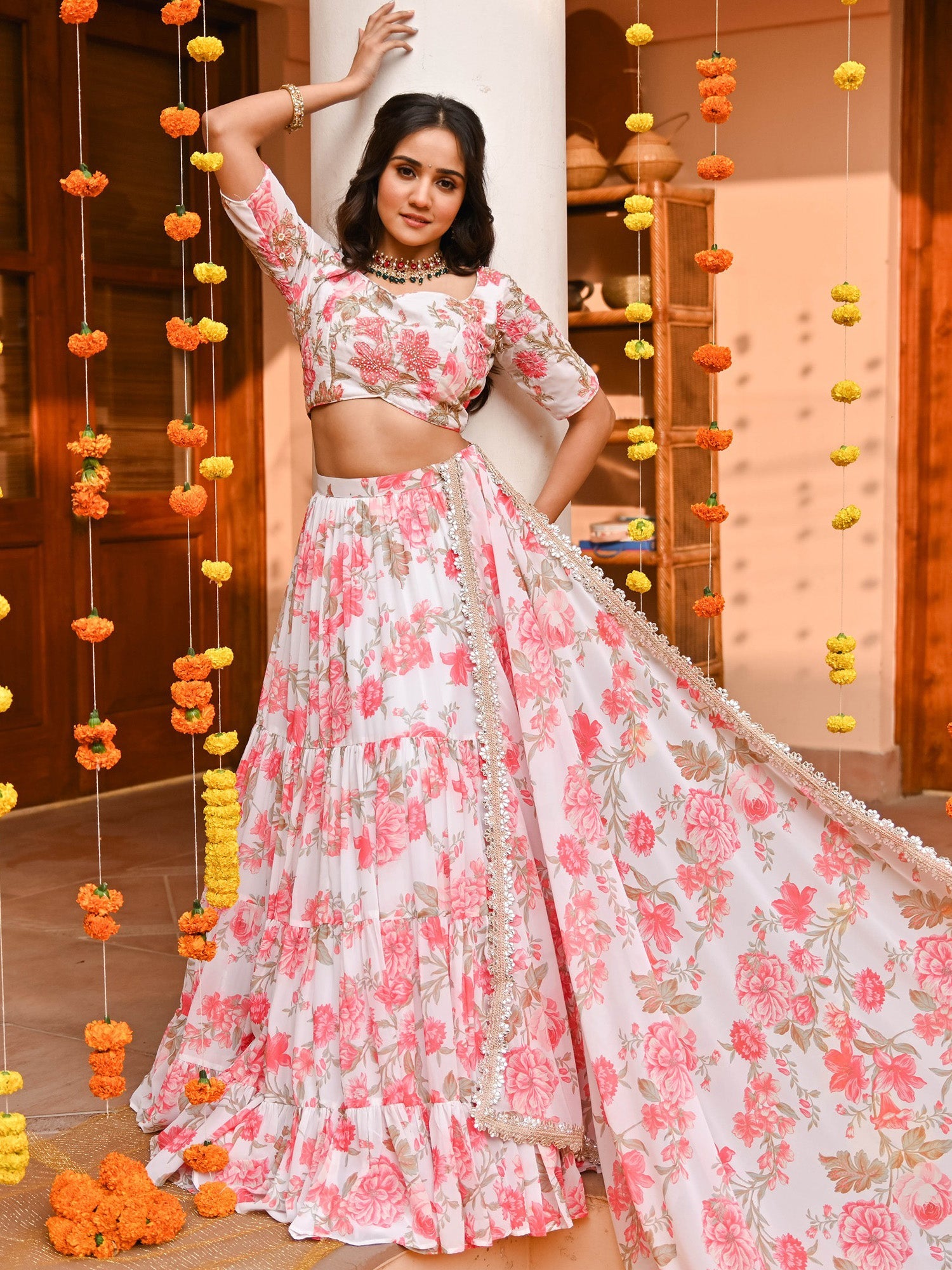 White Printed Lehenga Set