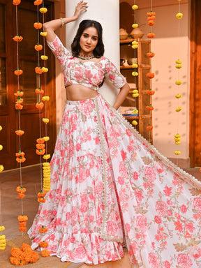 White Printed Lehenga Set