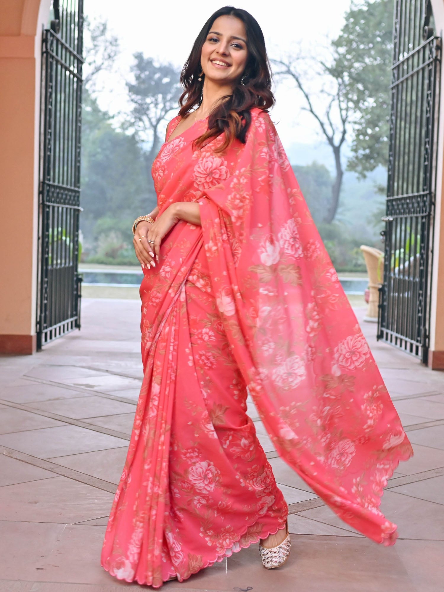 Peach Georgette Saree With Stitched Blouse