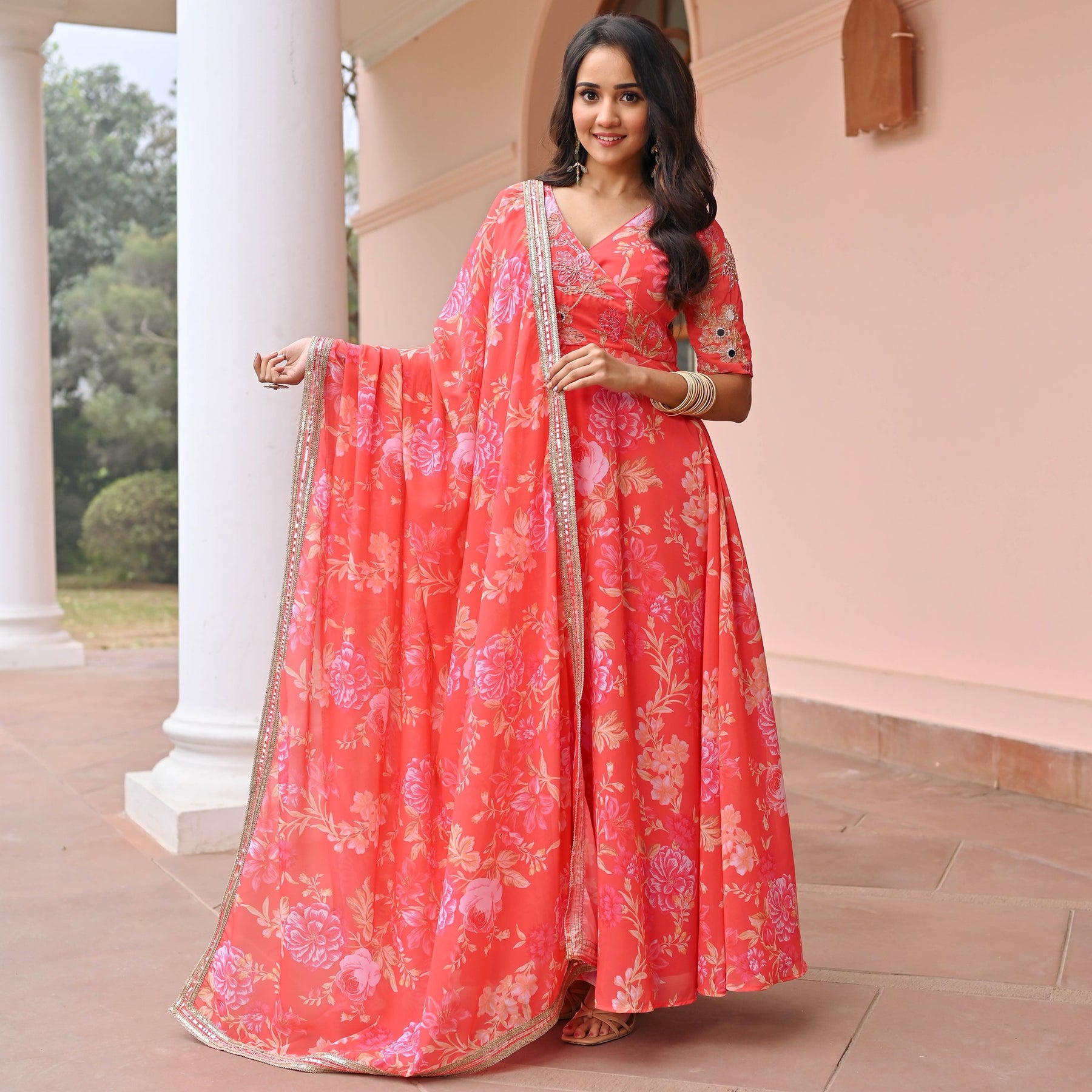 Orange Hand work Printed Anarkali Set