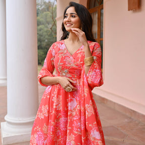 Orange Hand work Printed Anarkali Set