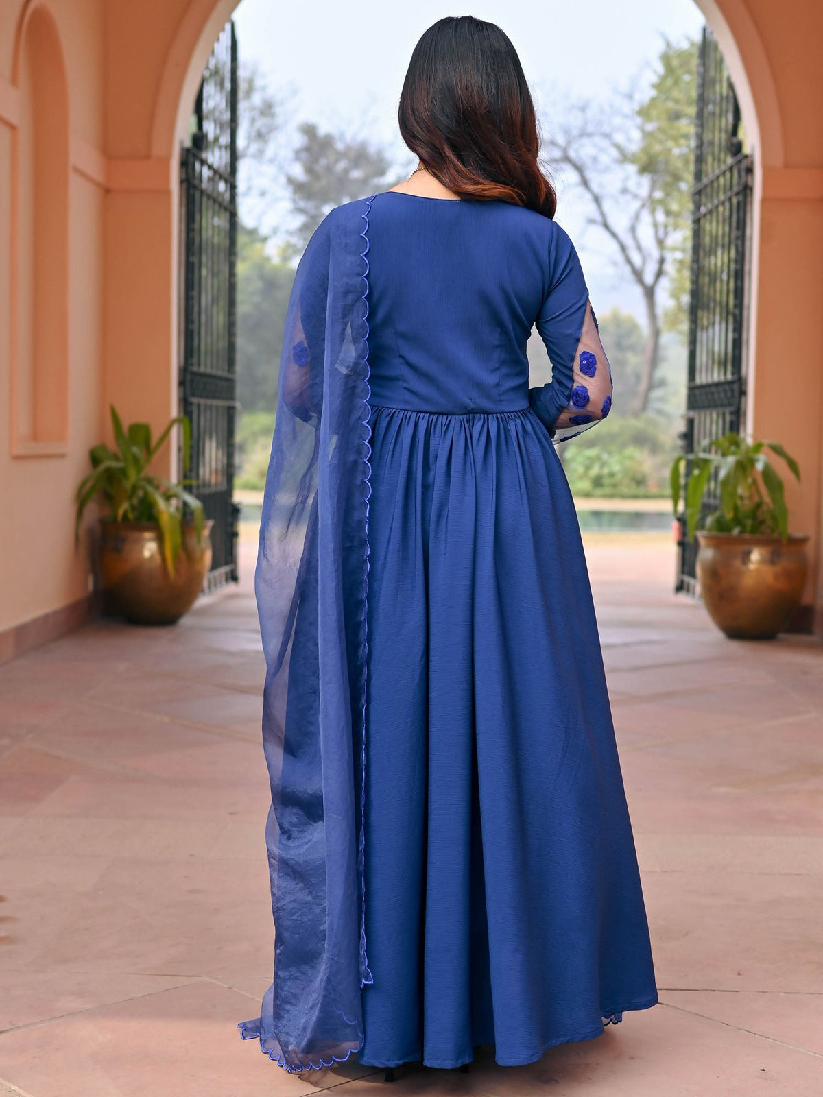 Blue Embroidered Silk Anarkali Set