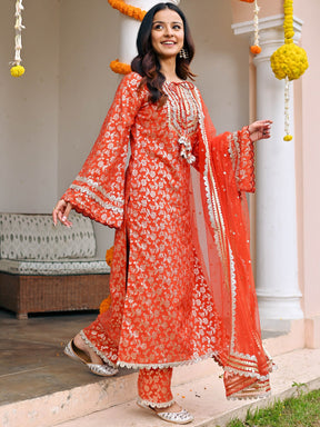 Red Jacquard Kurta Set