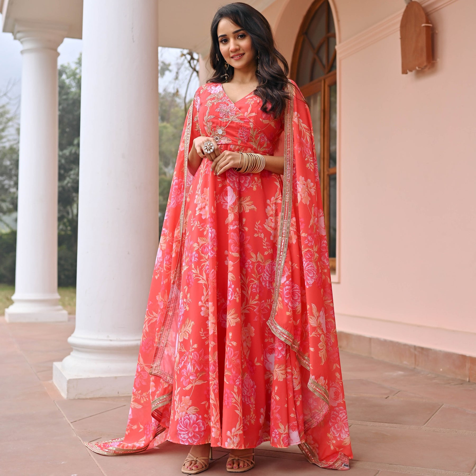 Orange Hand work Printed Anarkali Set