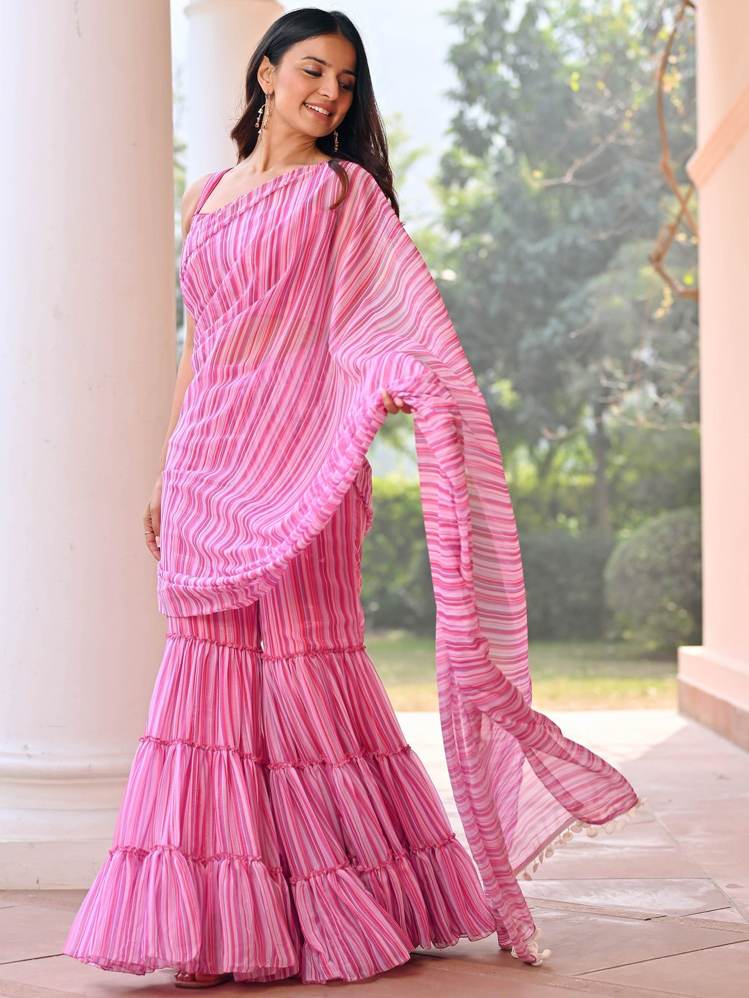 Pink Stripes Sharara Saree