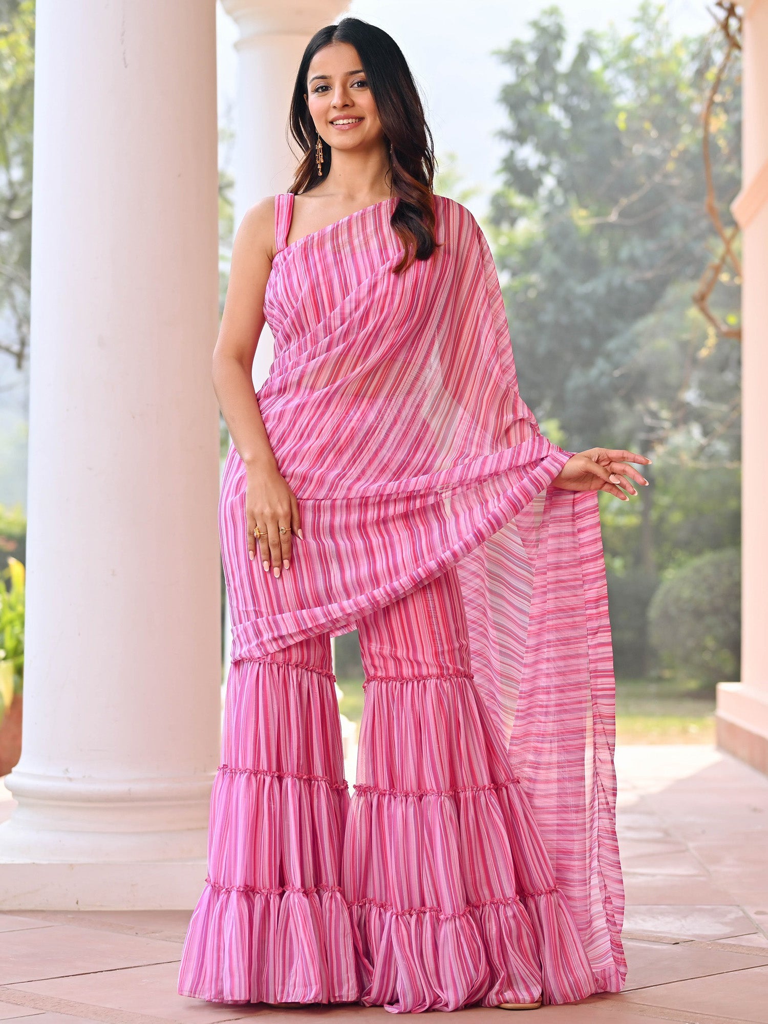 Pink Stripes Sharara Saree