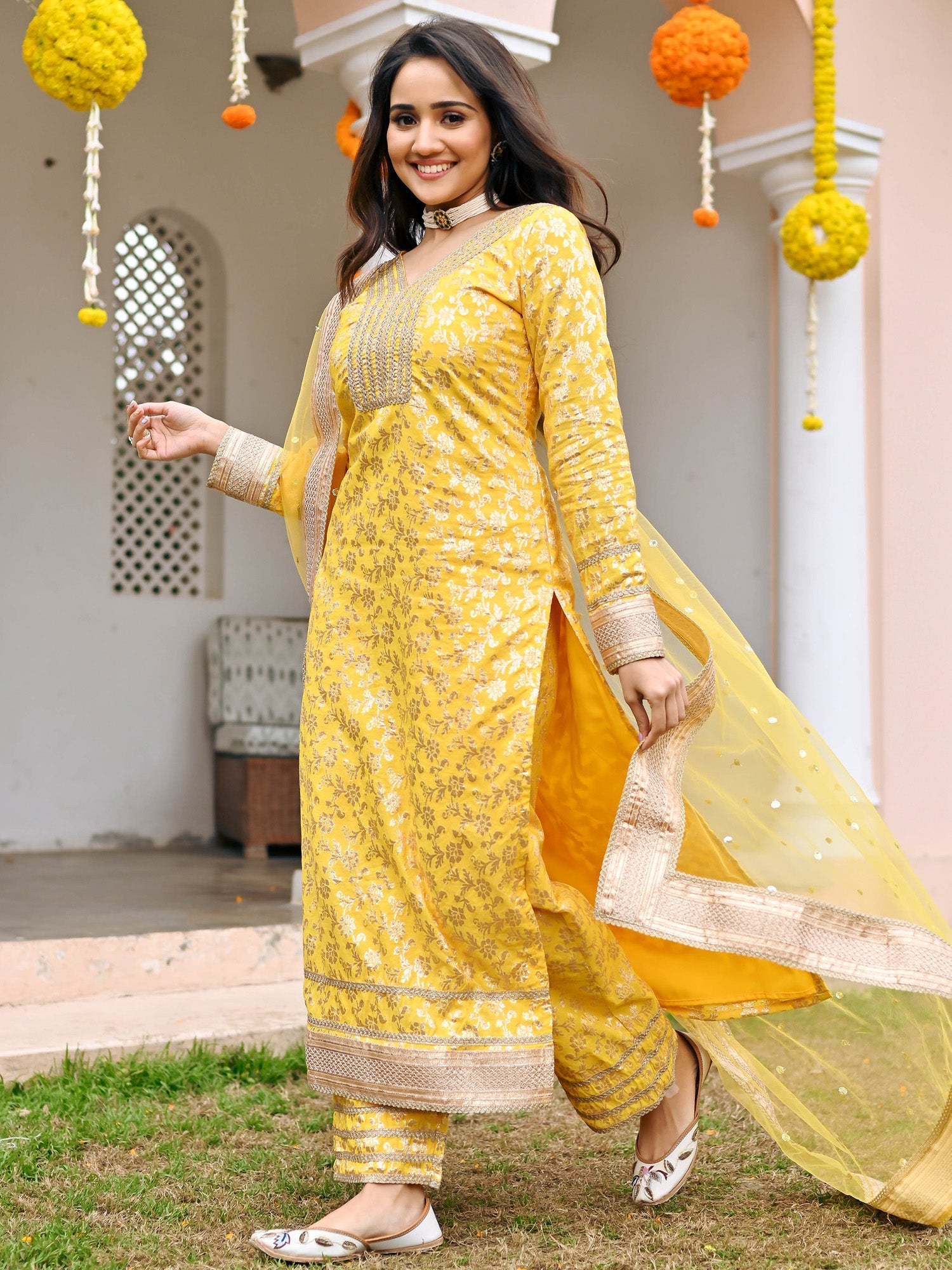 Yellow Jacquard Kurta Set