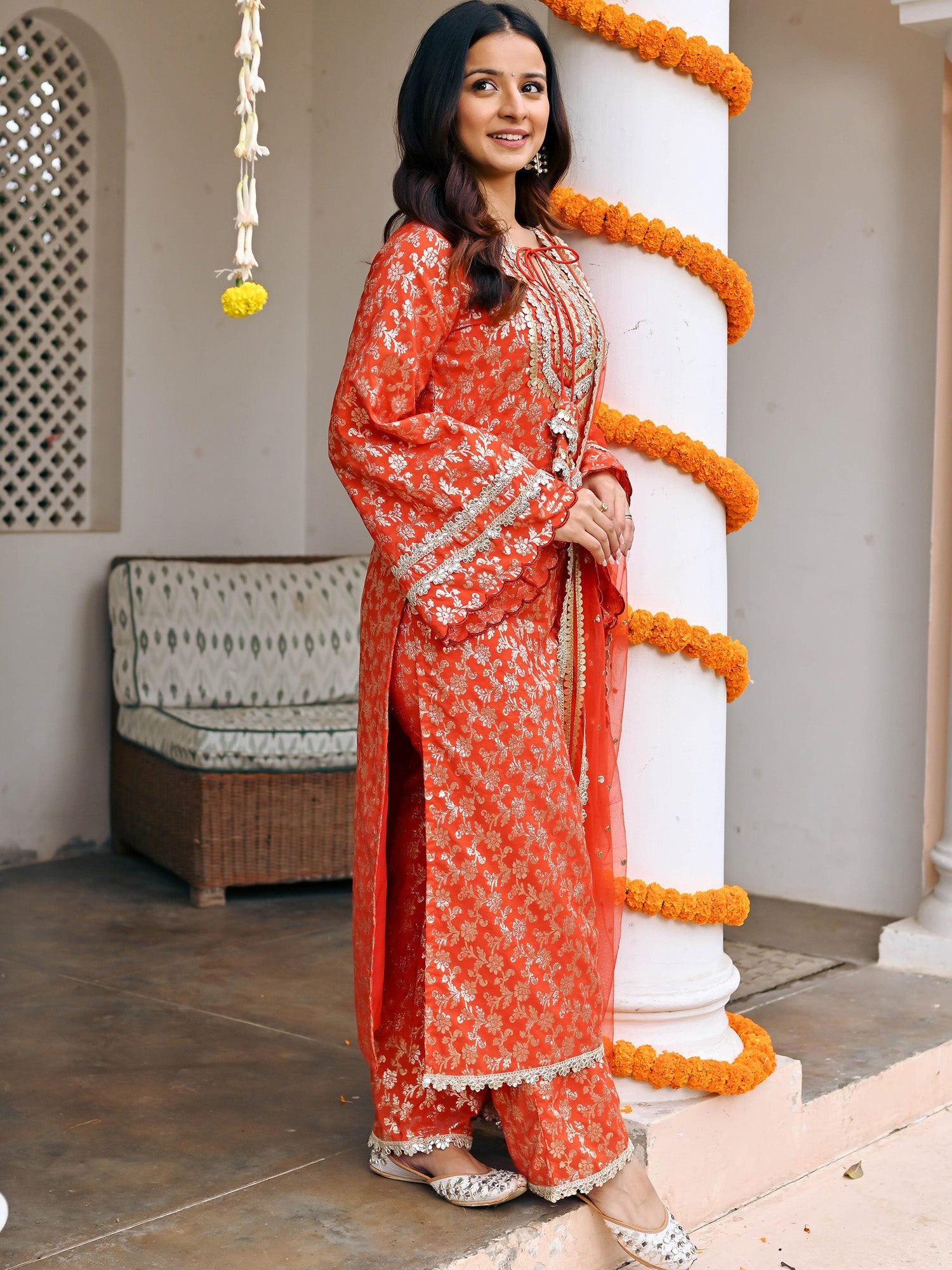 Red Jacquard Kurta Set