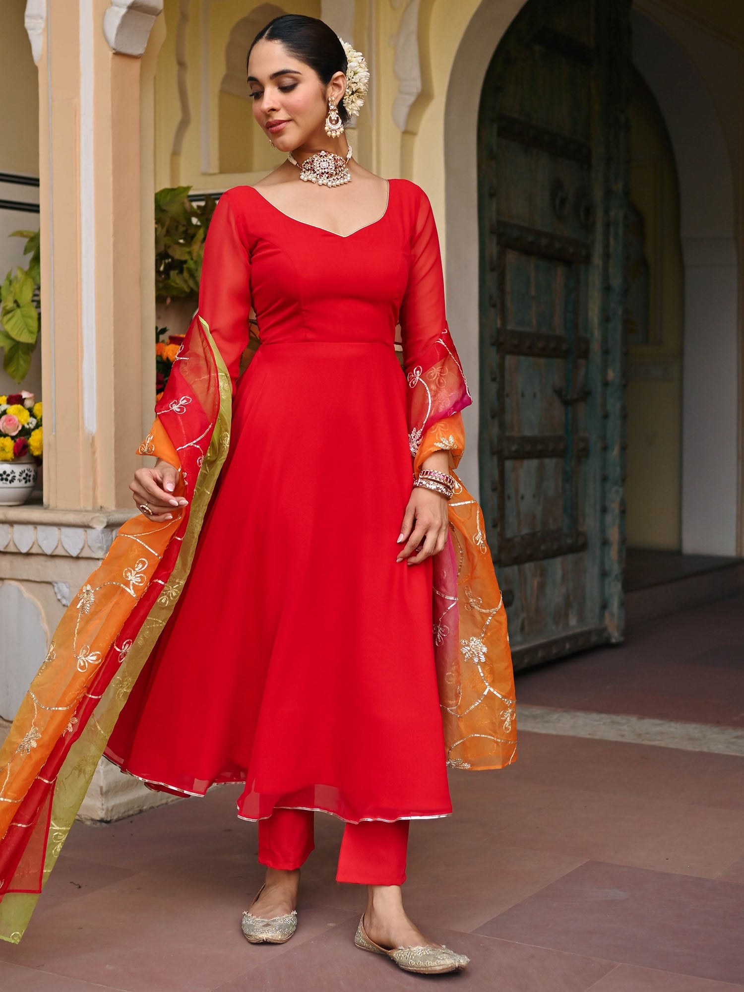 RED OMBRE ANARKALI SET