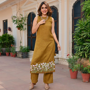 Mustard Embroidered Kurta Set