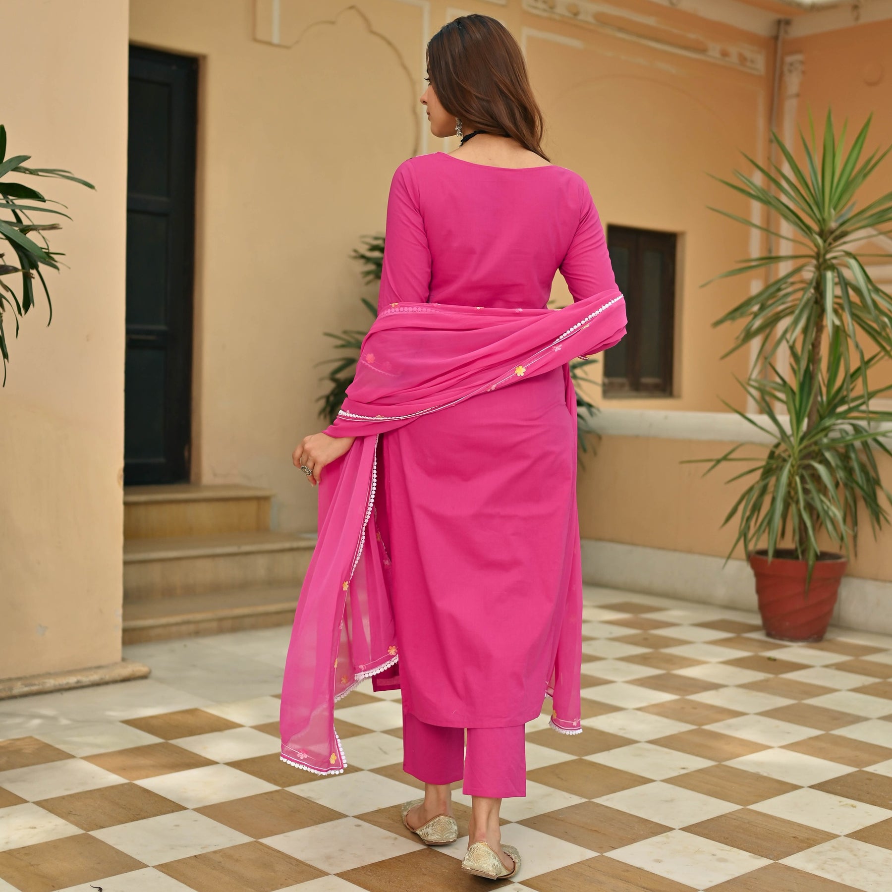 Pink Cotton Aari Kurta Set