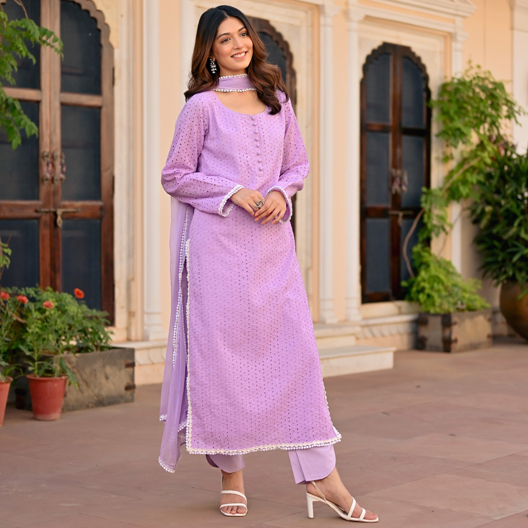 Lavendar Schiffli Kurta Set