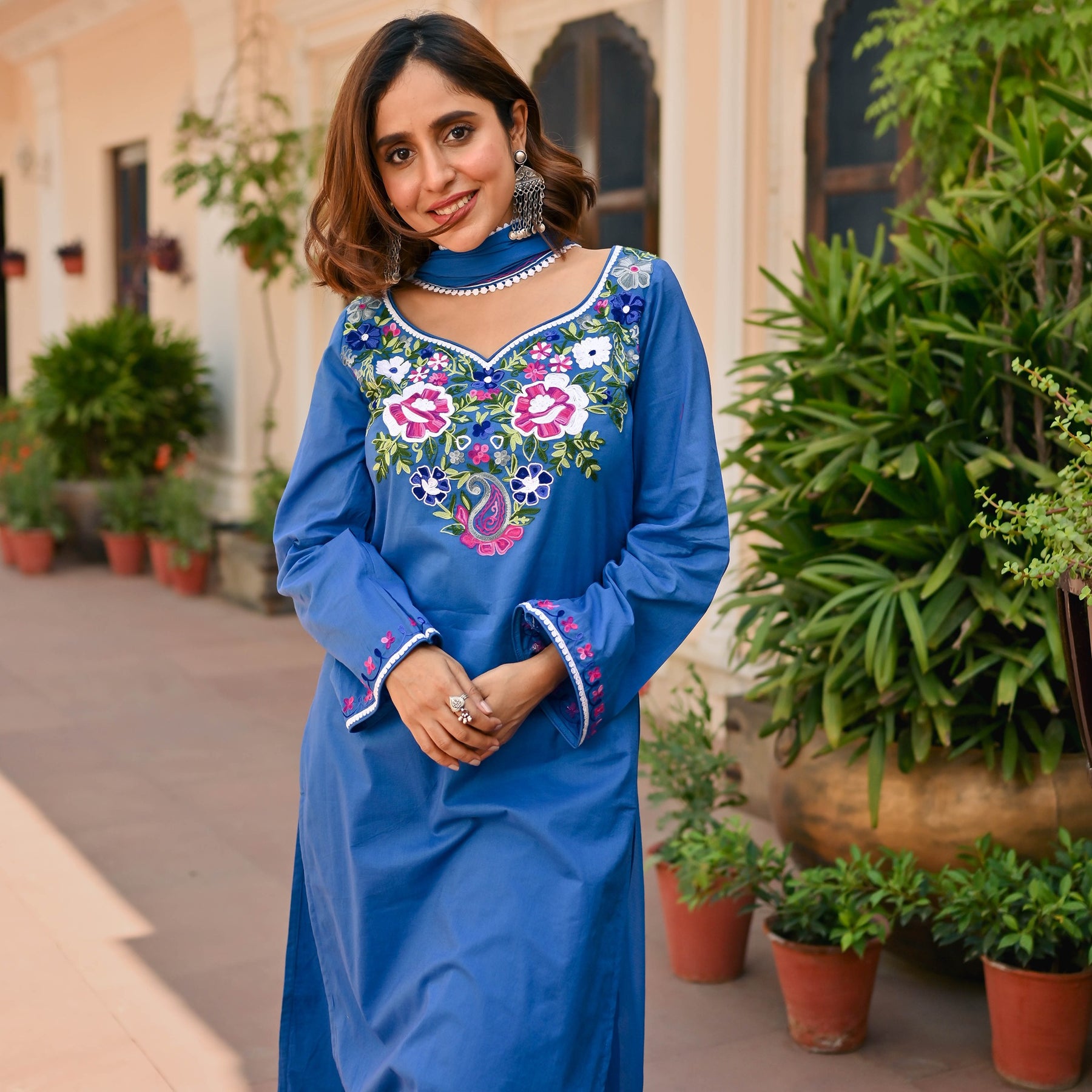 Blue Cotton Aari Kurta Set