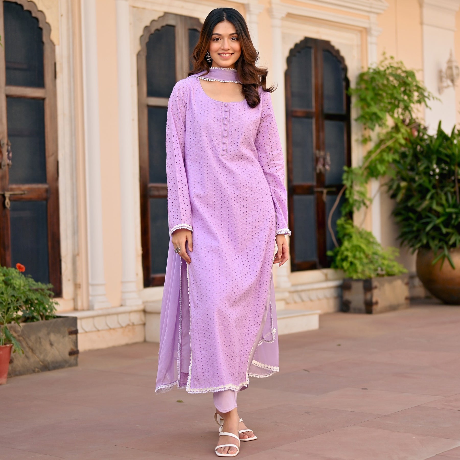 Lavendar Schiffli Kurta Set