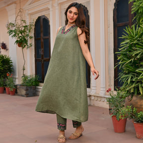 Green Cotton Embroidered Kurta Set