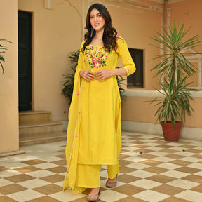 Yellow Cotton Aari Kurta Set