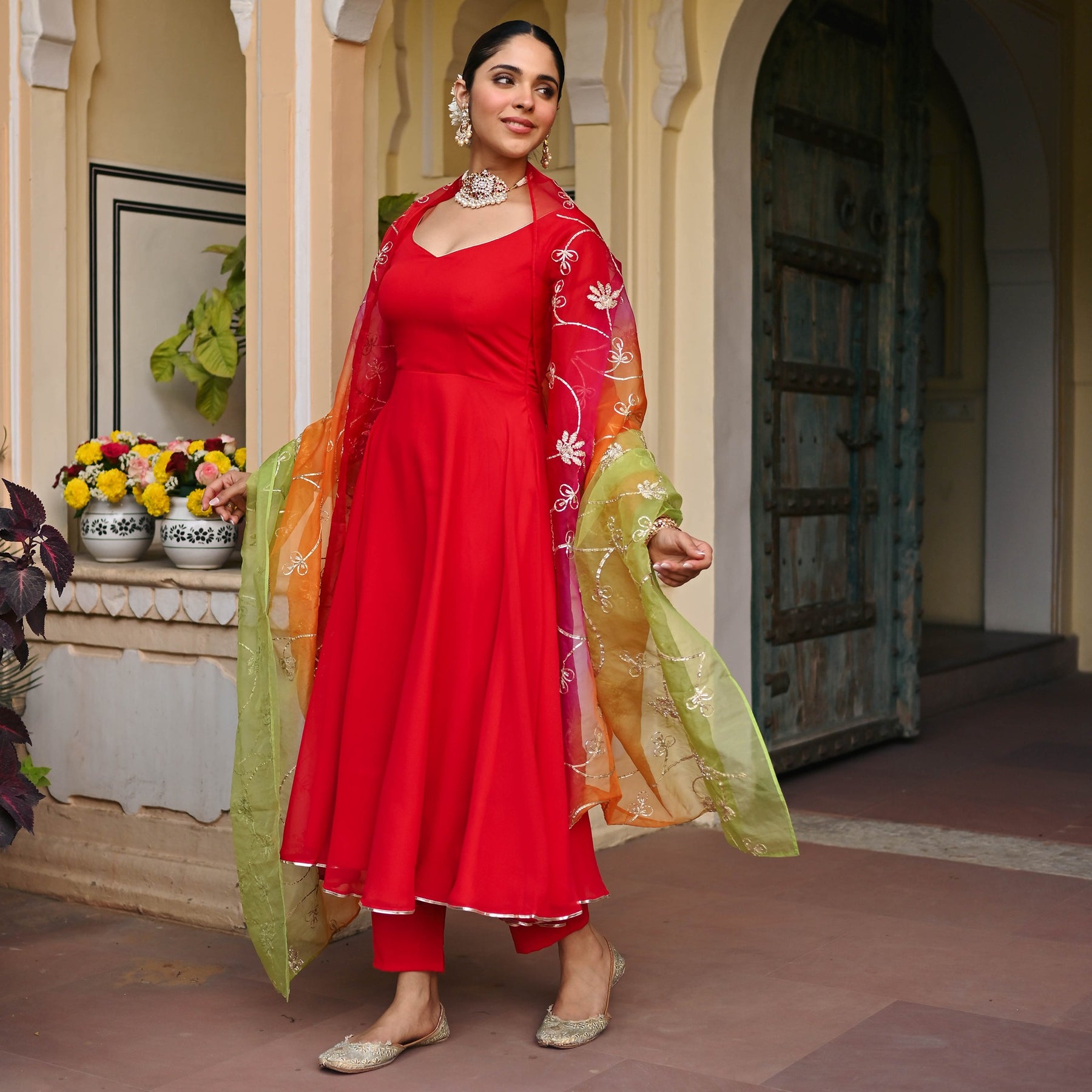 RED OMBRE ANARKALI SET