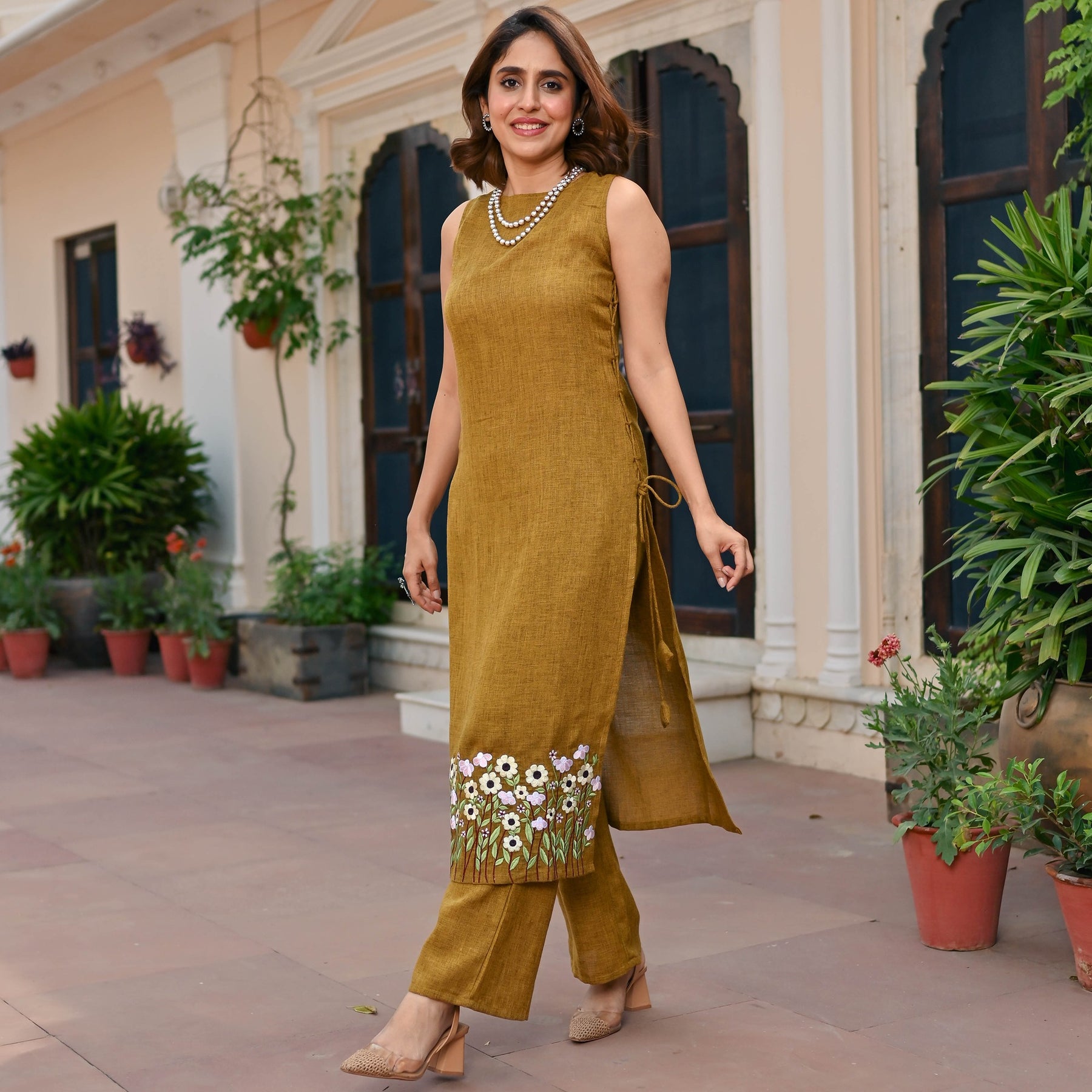 Mustard Embroidered Kurta Set