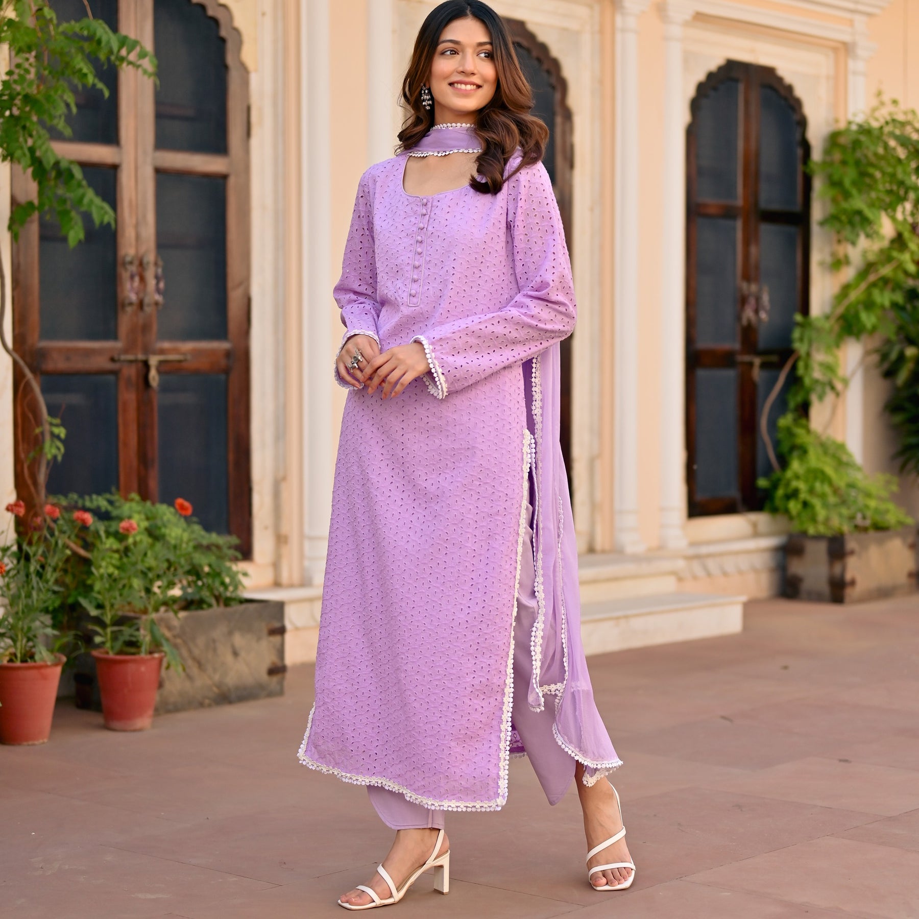 Lavendar Schiffli Kurta Set