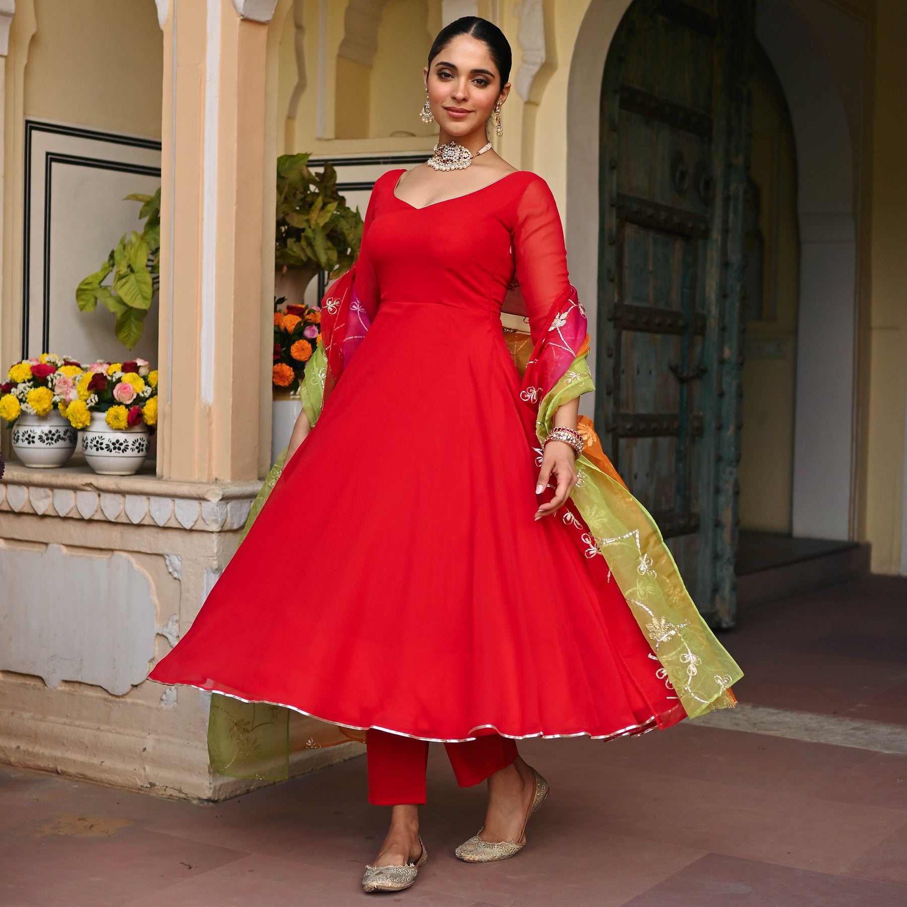 RED OMBRE ANARKALI SET