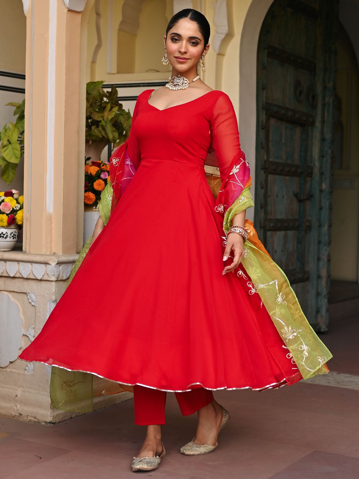 RED OMBRE ANARKALI SET