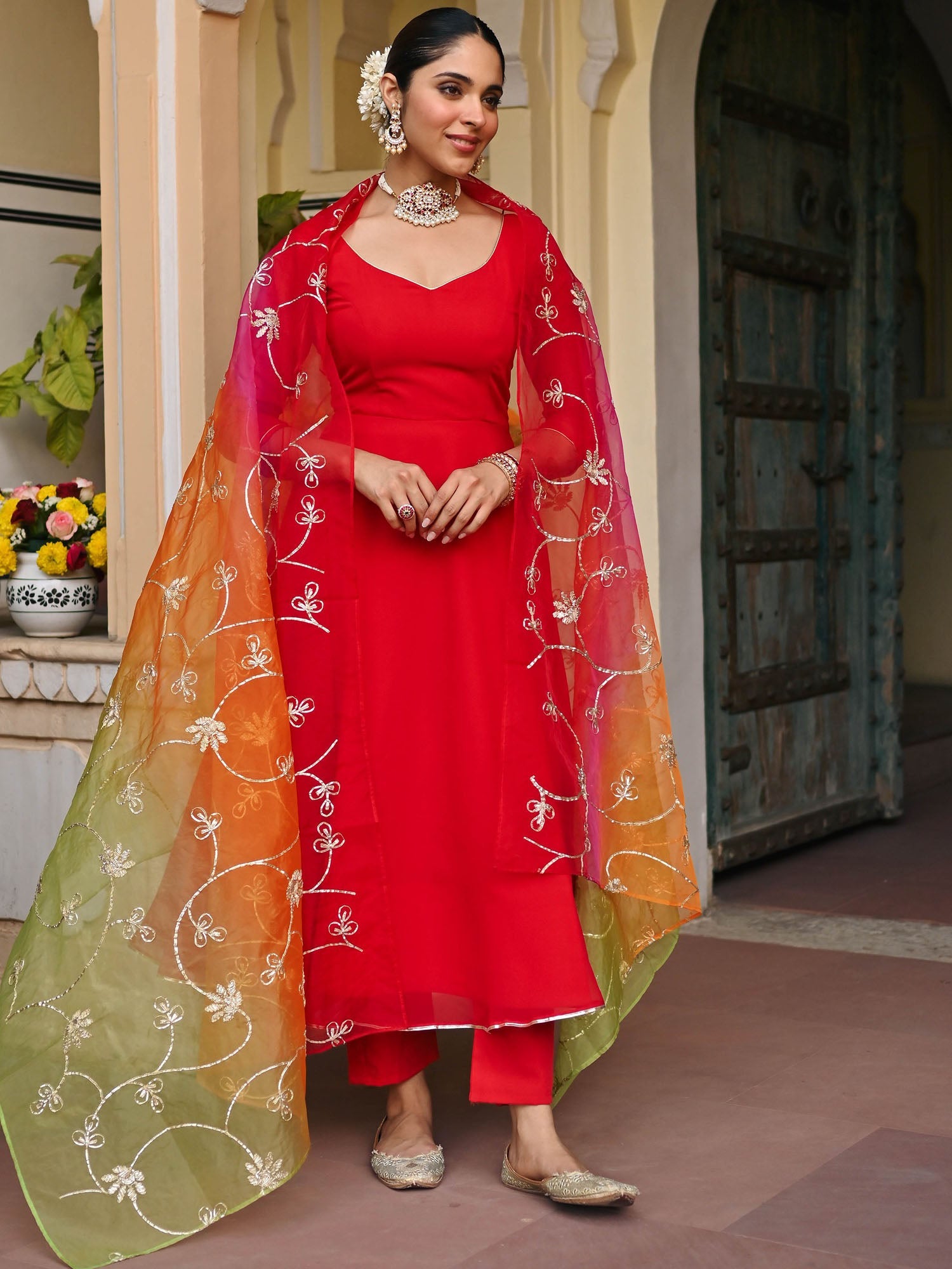 RED OMBRE ANARKALI SET