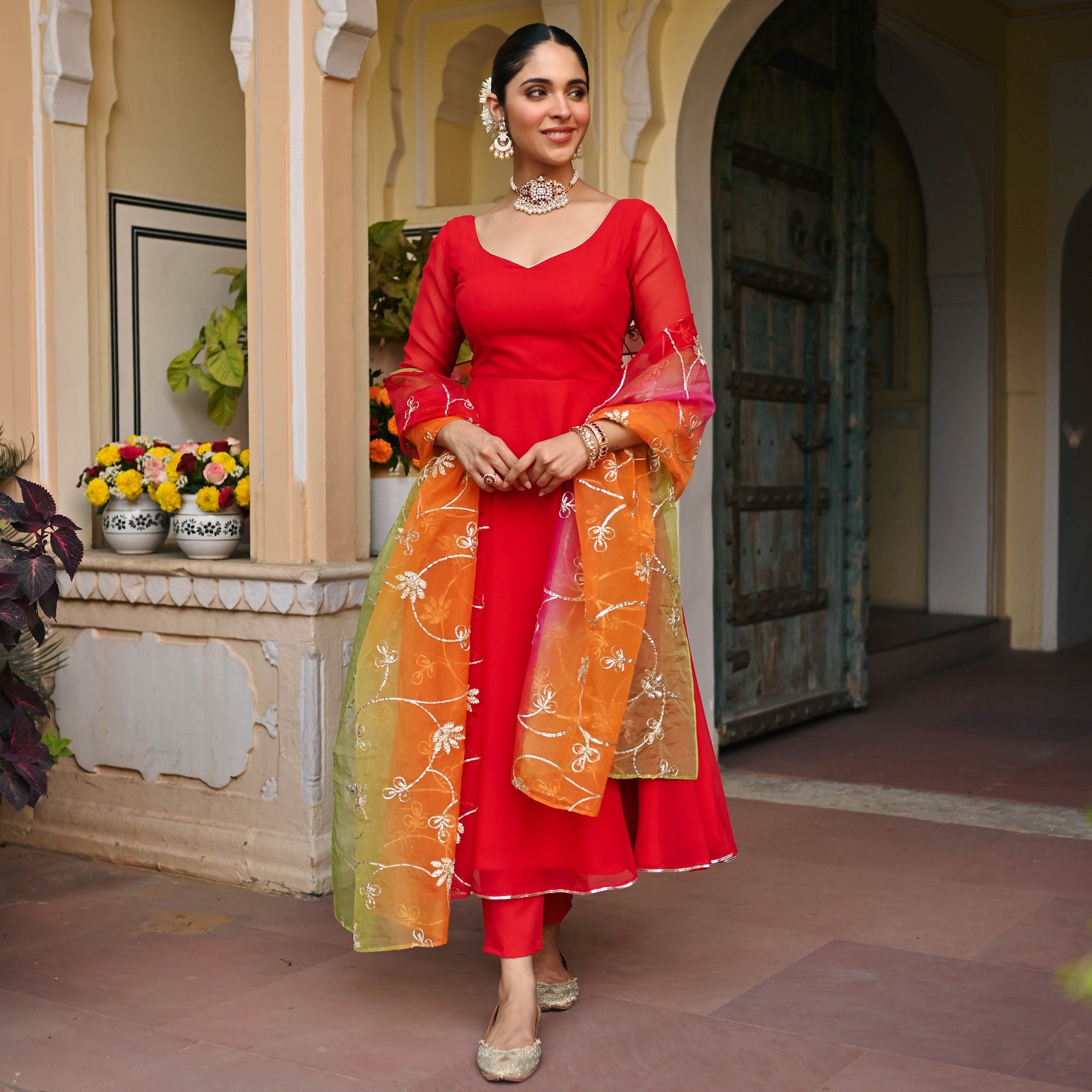 RED OMBRE ANARKALI SET