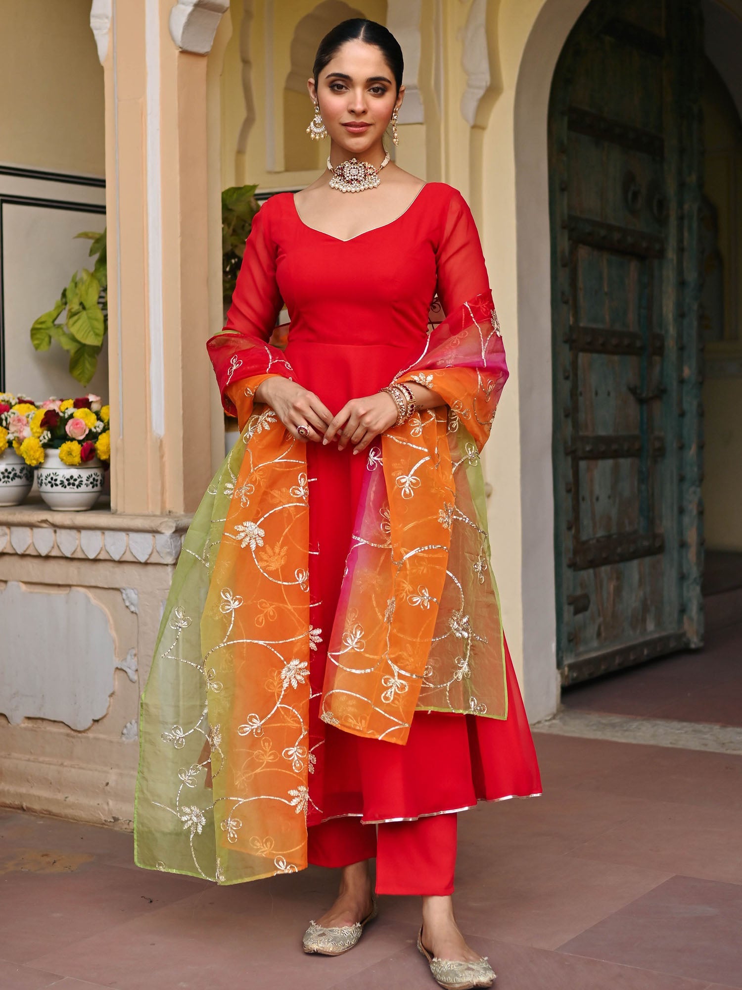 RED OMBRE ANARKALI SET