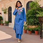 Blue Cotton Aari Kurta Set