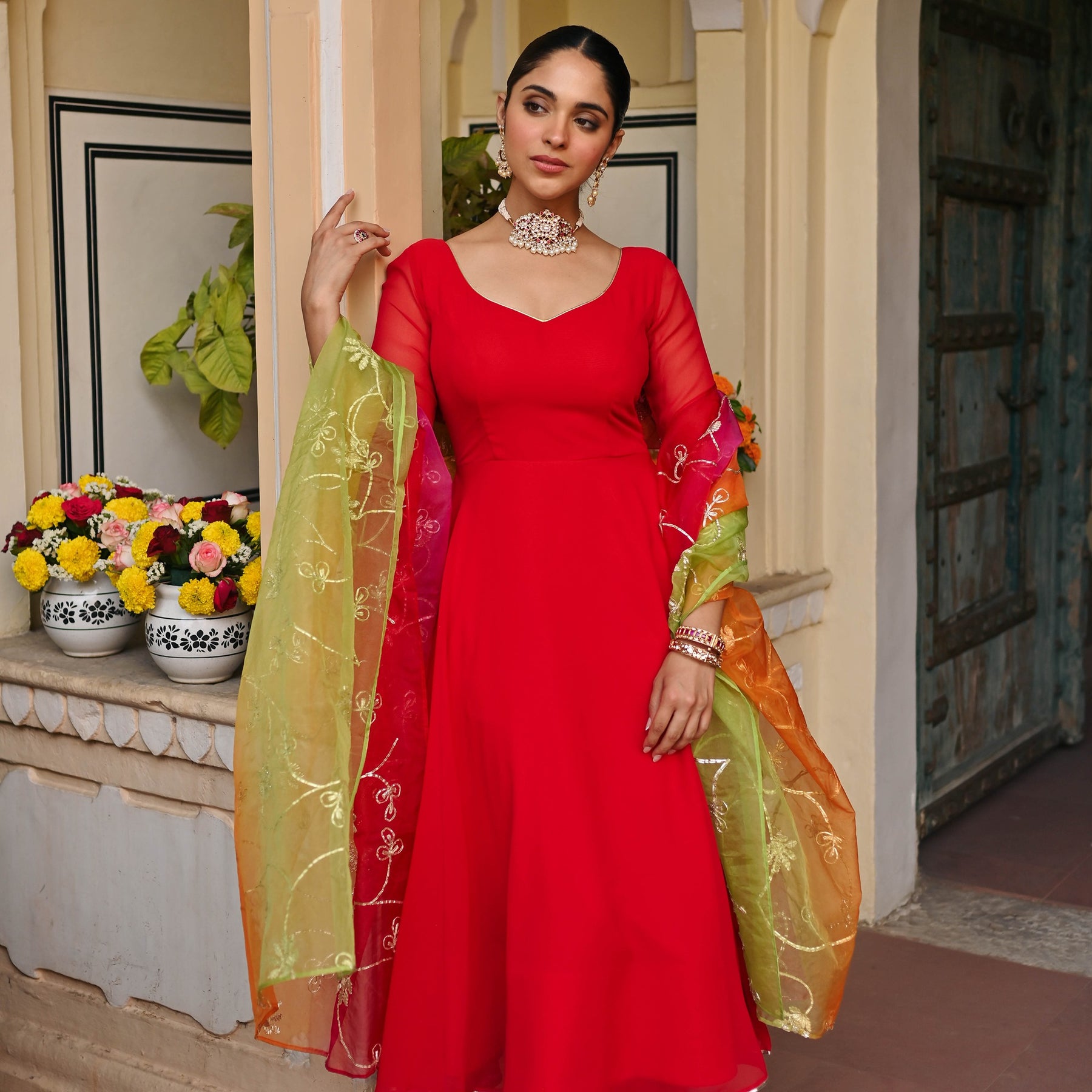 RED OMBRE ANARKALI SET