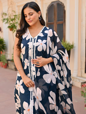 Navy Blue Printed Anarkali Set