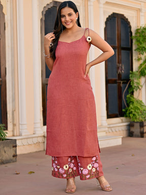 Brick Red Embroidered Kurta Set