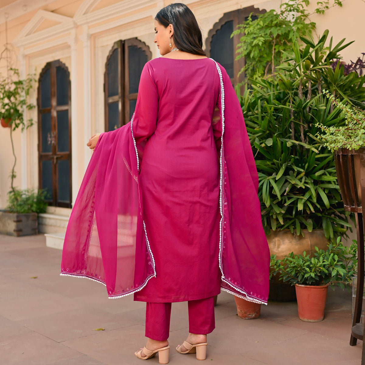 Magenta Cotton Aari Kurta Set