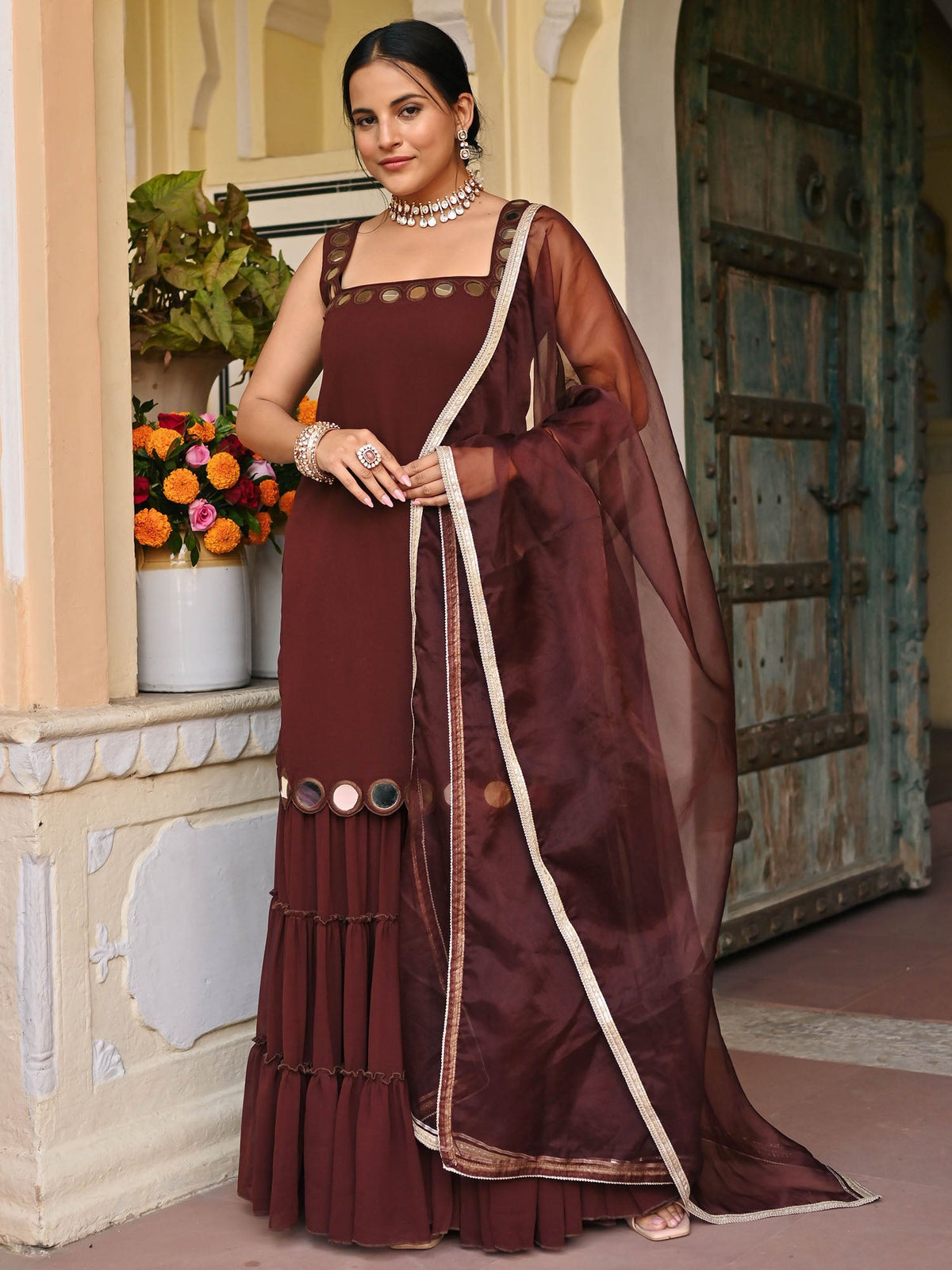 Brown Mirror Sharara Set