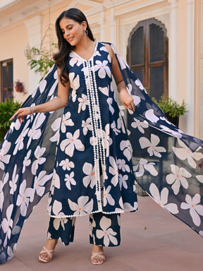 Navy Blue Printed Anarkali Set